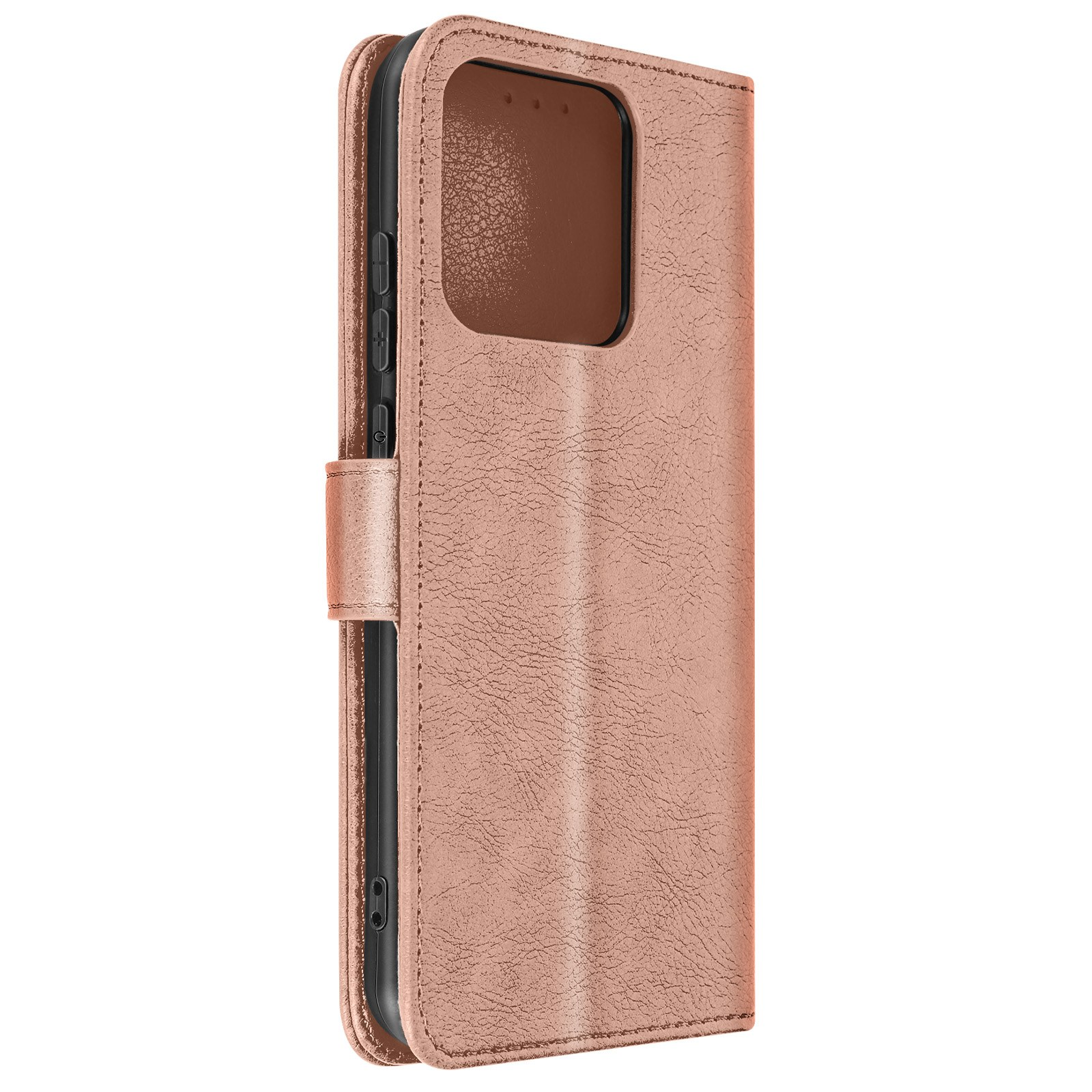 Una custodia per telefono chiusa di colore oro rosa. La superficie ha un aspetto strutturato.