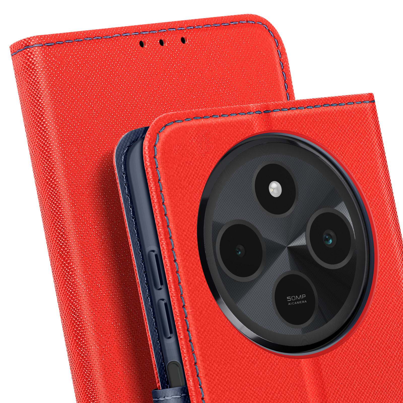 Custodia rossa per telefono con interno blu, che mostra la fotocamera e il flash del telefono.