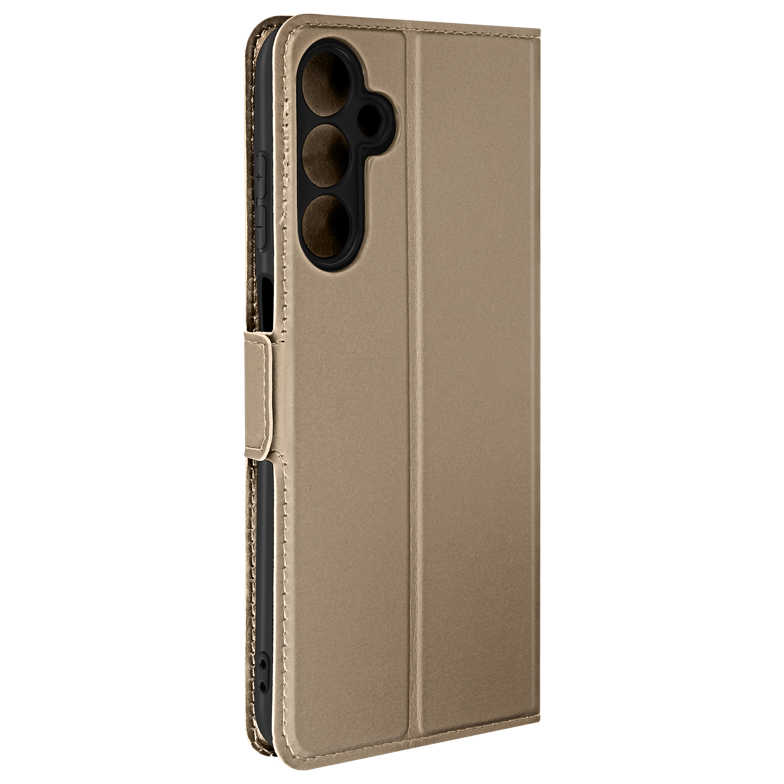 Una custodia dorata per telefono con un telefono all'interno.