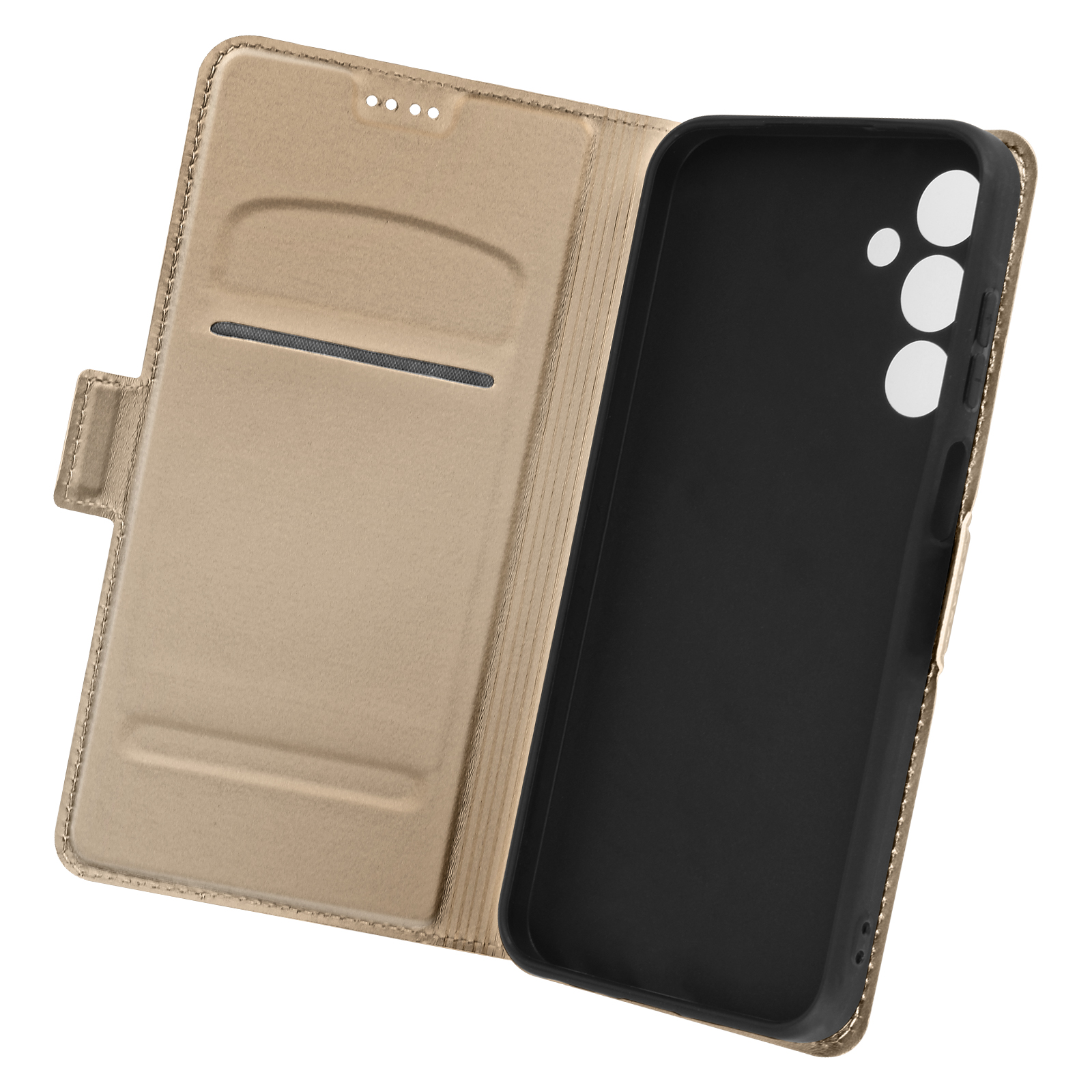 Custodia per telefono aperta, esterno beige, interno nero con contorno telefono. Tre fori.
