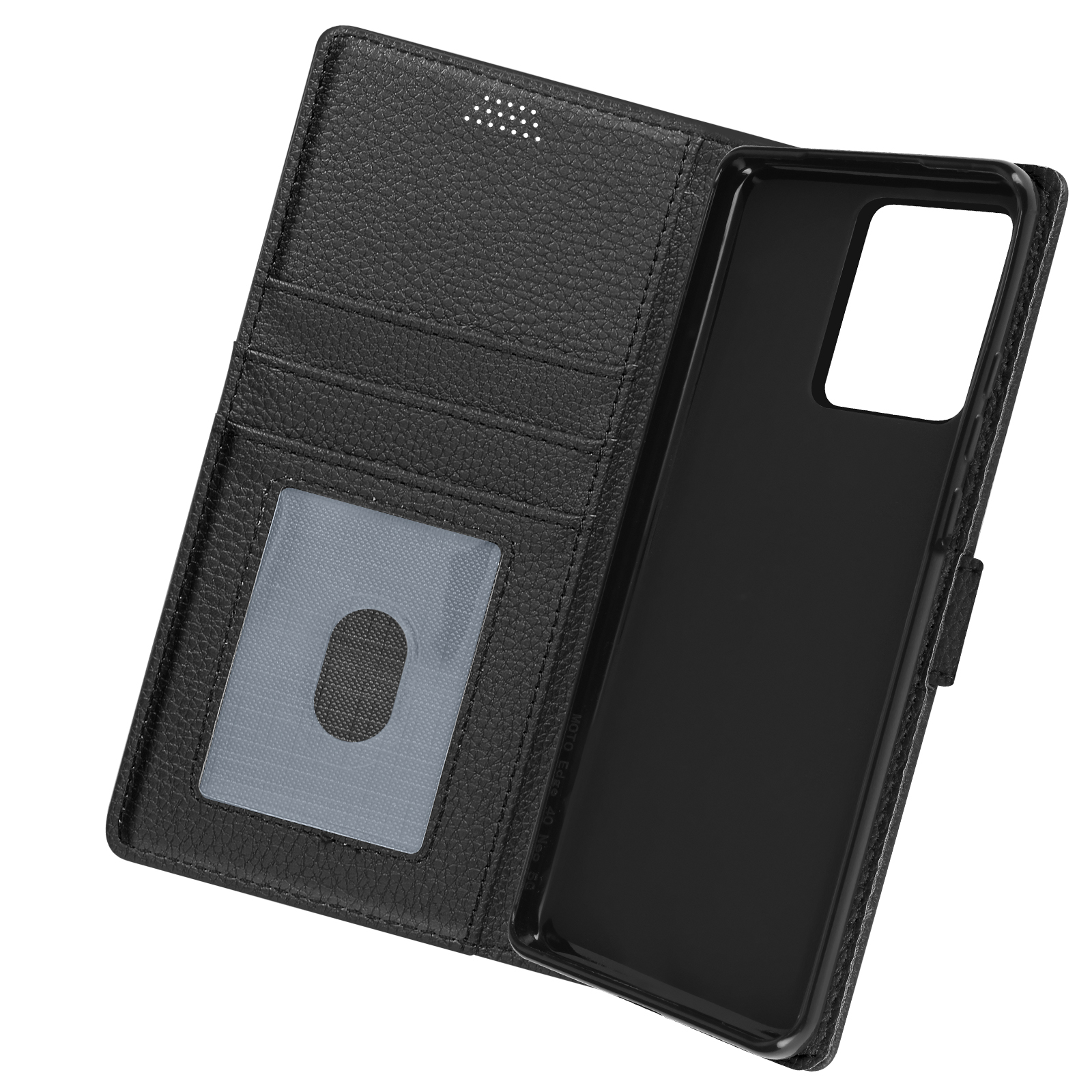 Custodia per telefono nera con fessure per carte aperte. Una fessura trasparente per carte è visibile.