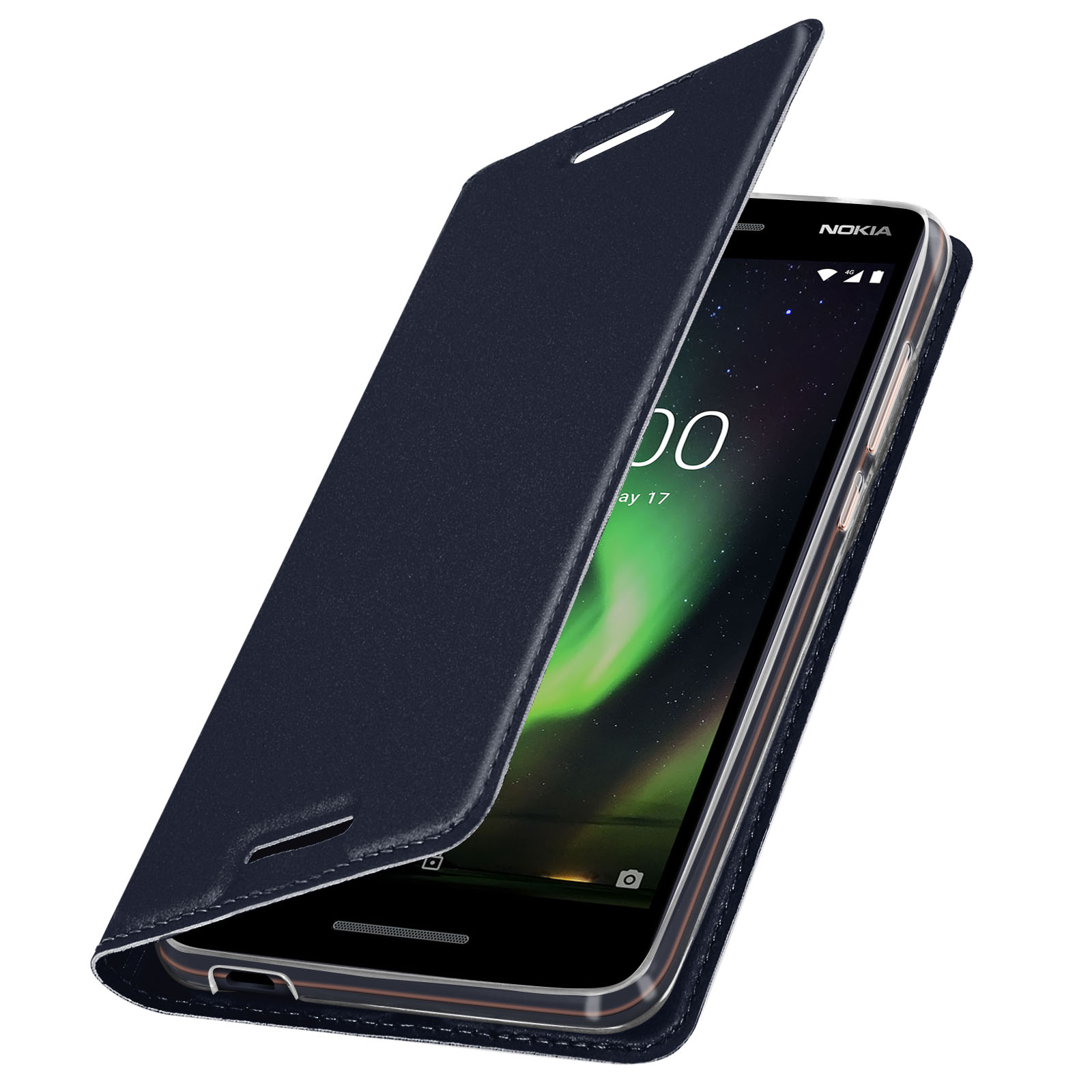 Un telefono è in una custodia per telefono blu scuro che è aperta. La custodia del telefono è su uno sfondo bianco.