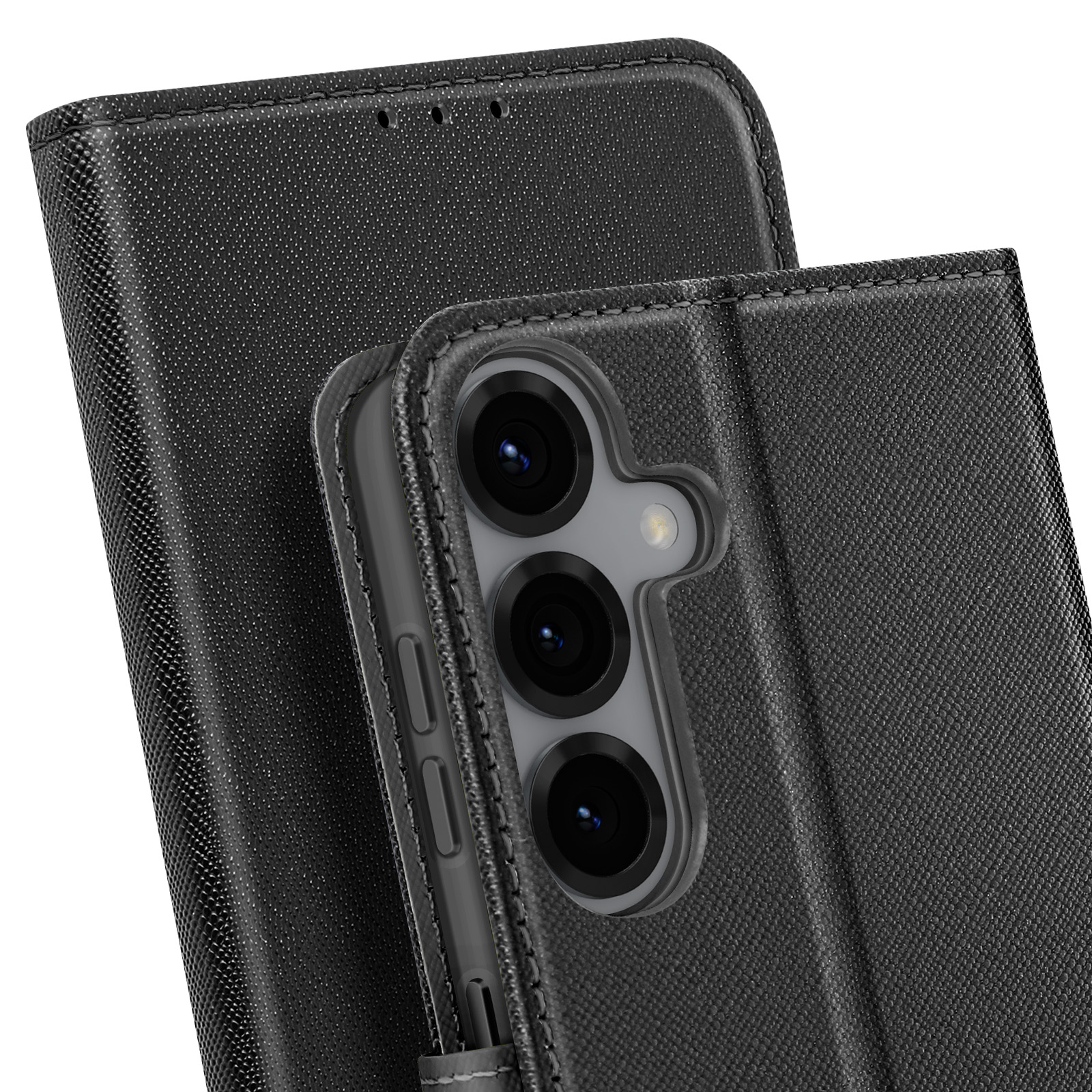 Custodia nera per telefono con tre ritagli per fotocamera. La custodia è similpelle con cuciture.