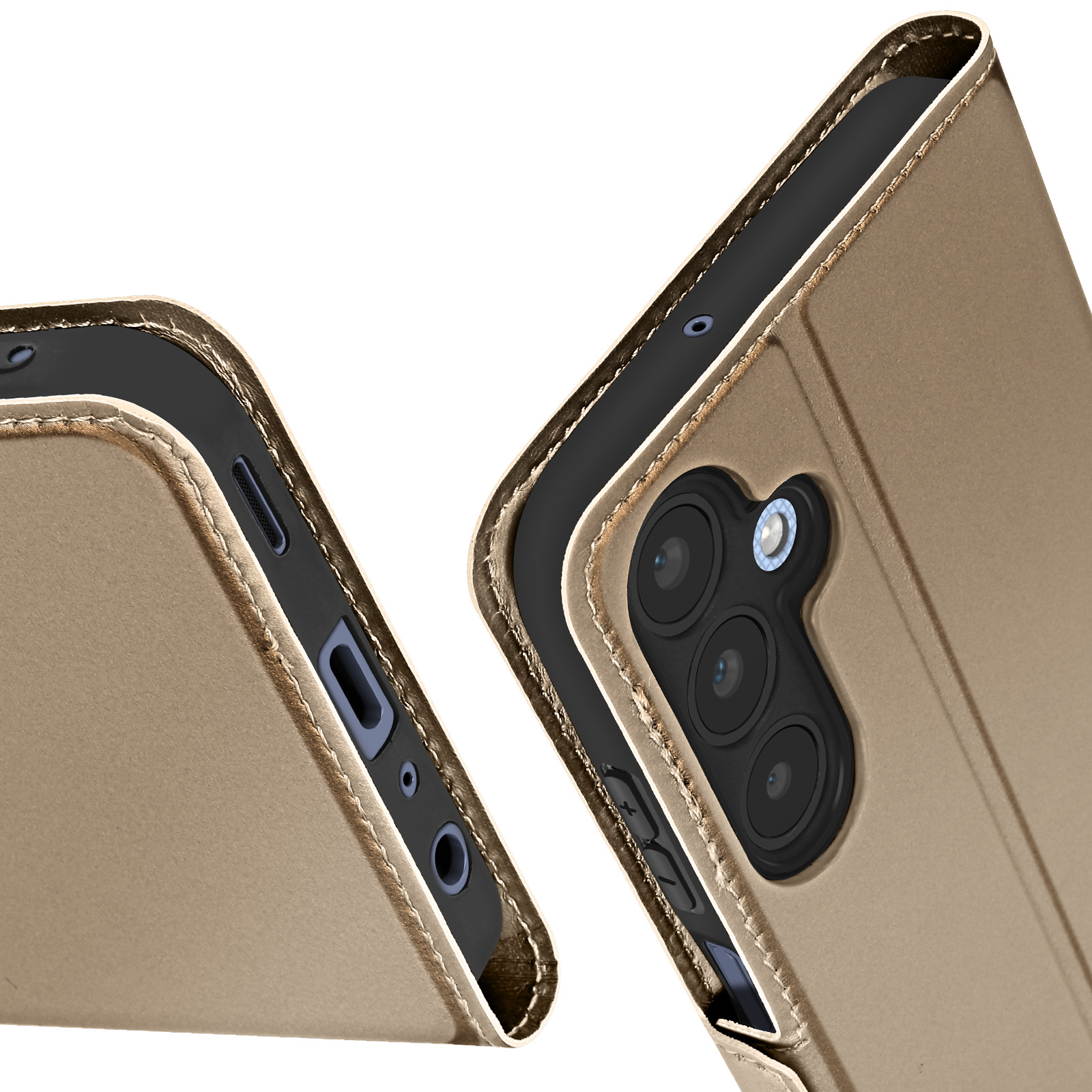 Una custodia per telefono aperta, che mostra il telefono e i dettagli della fotocamera e delle porte. La custodia è dorata.