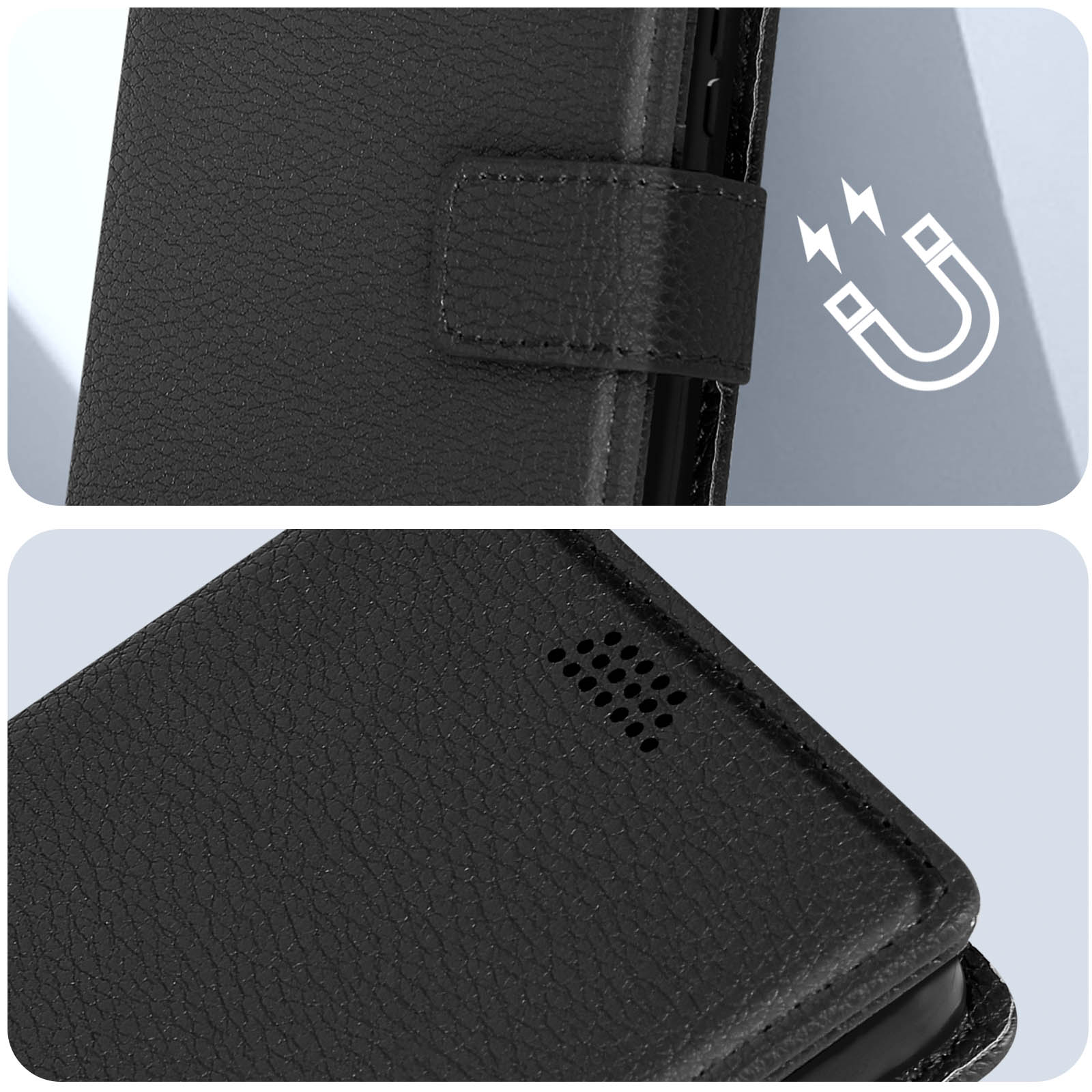 Custodia per telefono in pelle nera con chiusura magnetica. Primo piano di cuciture e simbolo magnetico.
