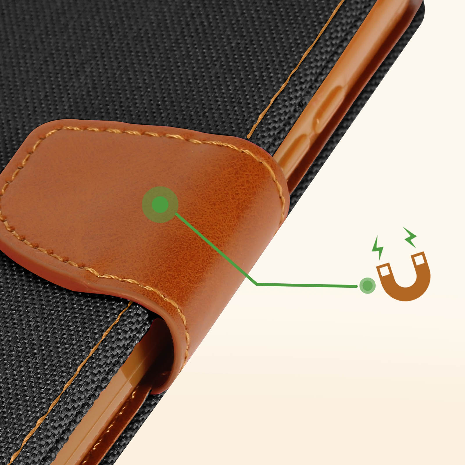 Primo piano di una custodia nera per telefono. Sono visibili accenti in pelle marrone e una chiusura magnetica.