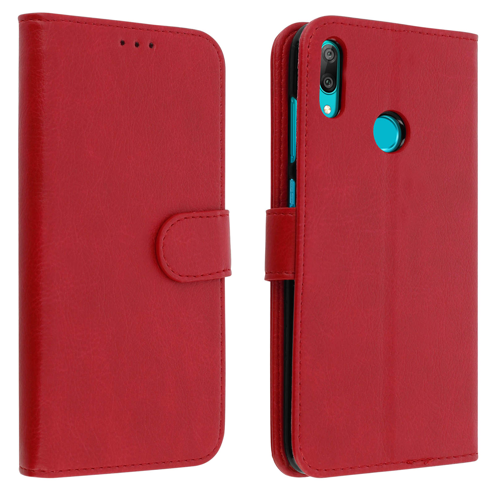 Custodia per telefono rossa aperta. Telefono all'interno. Pelle rossa con patta. Sfondo bianco. Telefono con tripla fotocamera.