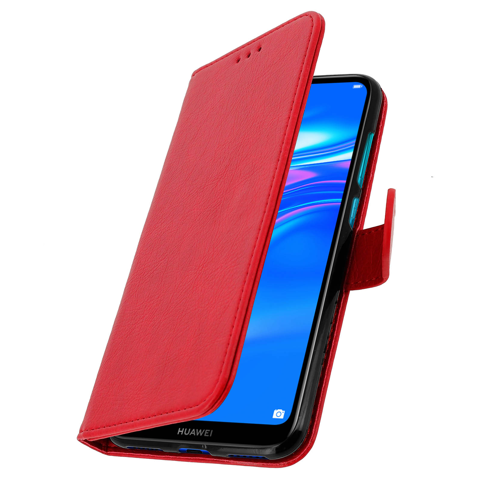 Custodia per telefono rossa aperta, telefono all'interno con schermo blu.