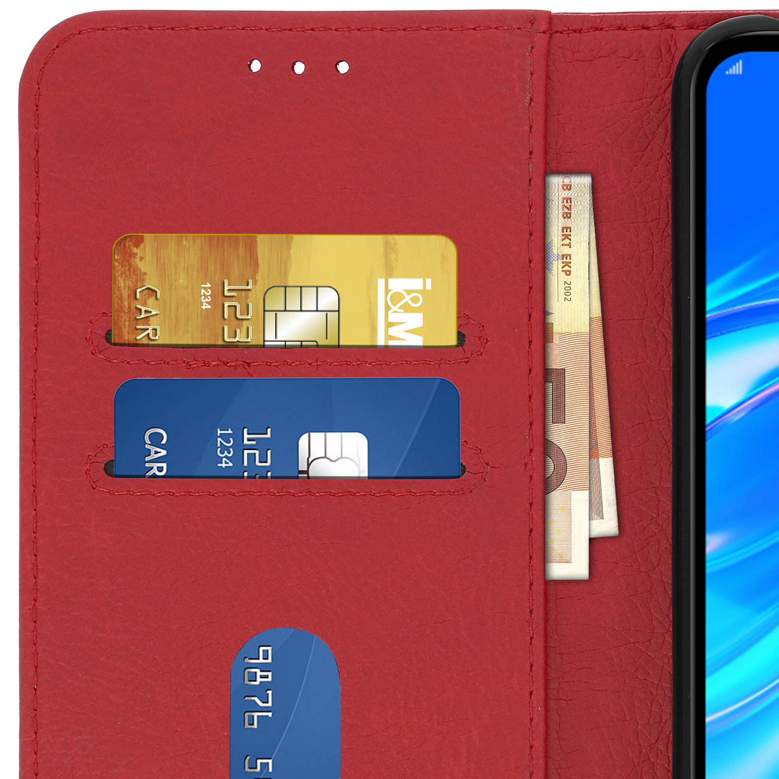 Custodia rossa per telefono aperta, con carte di credito e denaro, telefono a destra.
