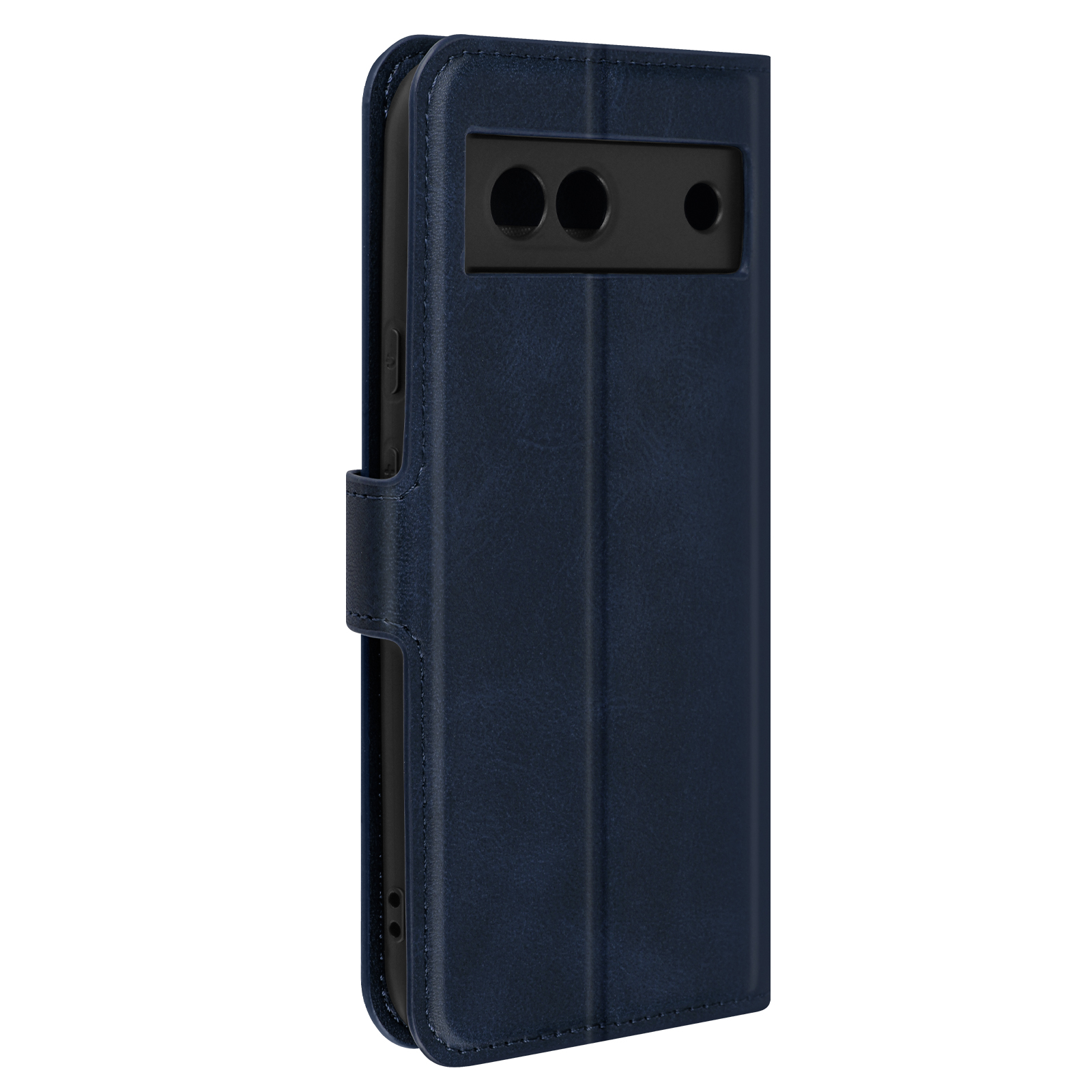 Custodia blu navy, chiusa, con patta. Telefono Pixel visibile.
