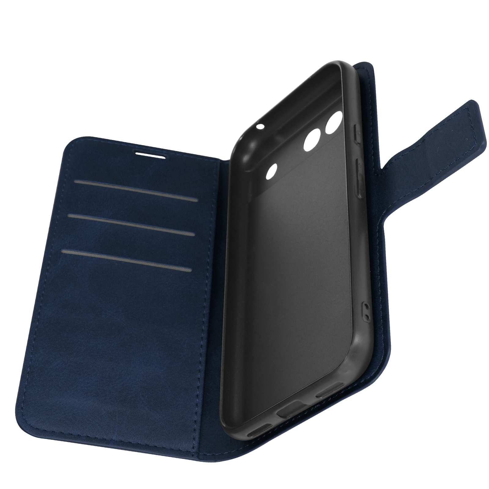 Custodia blu aperta, che rivela l'interno nero del telefono e gli slot per schede.