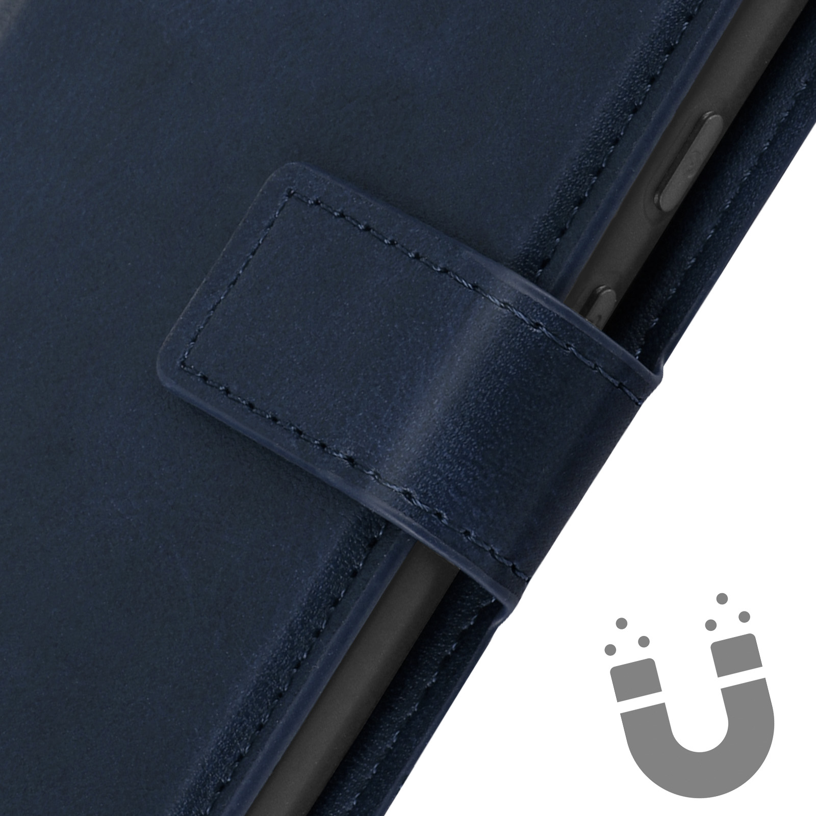 Primo piano di una custodia per telefono blu scuro con chiusura magnetica. Viene mostrata un'icona a calamita.