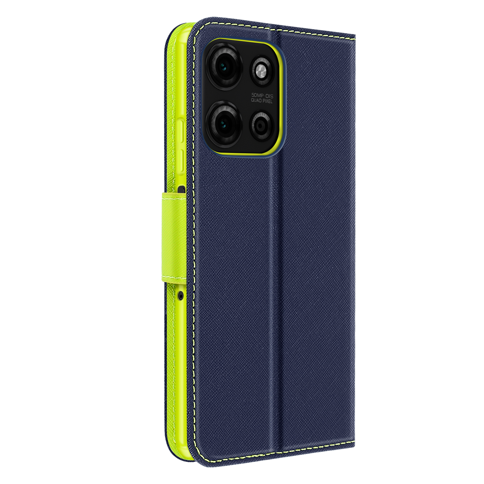 Custodia per telefono chiusa, blu navy con bordatura verde lime. Ha una configurazione a doppia fotocamera.