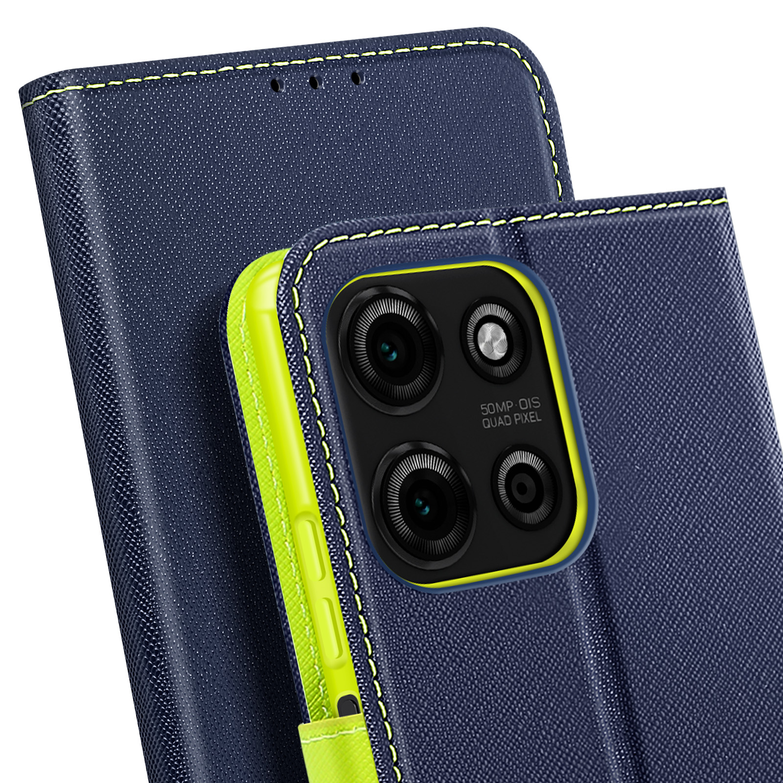 Primo piano di una custodia per telefono con una copertura blu strutturata e un'area fotocamera bordata di giallo.