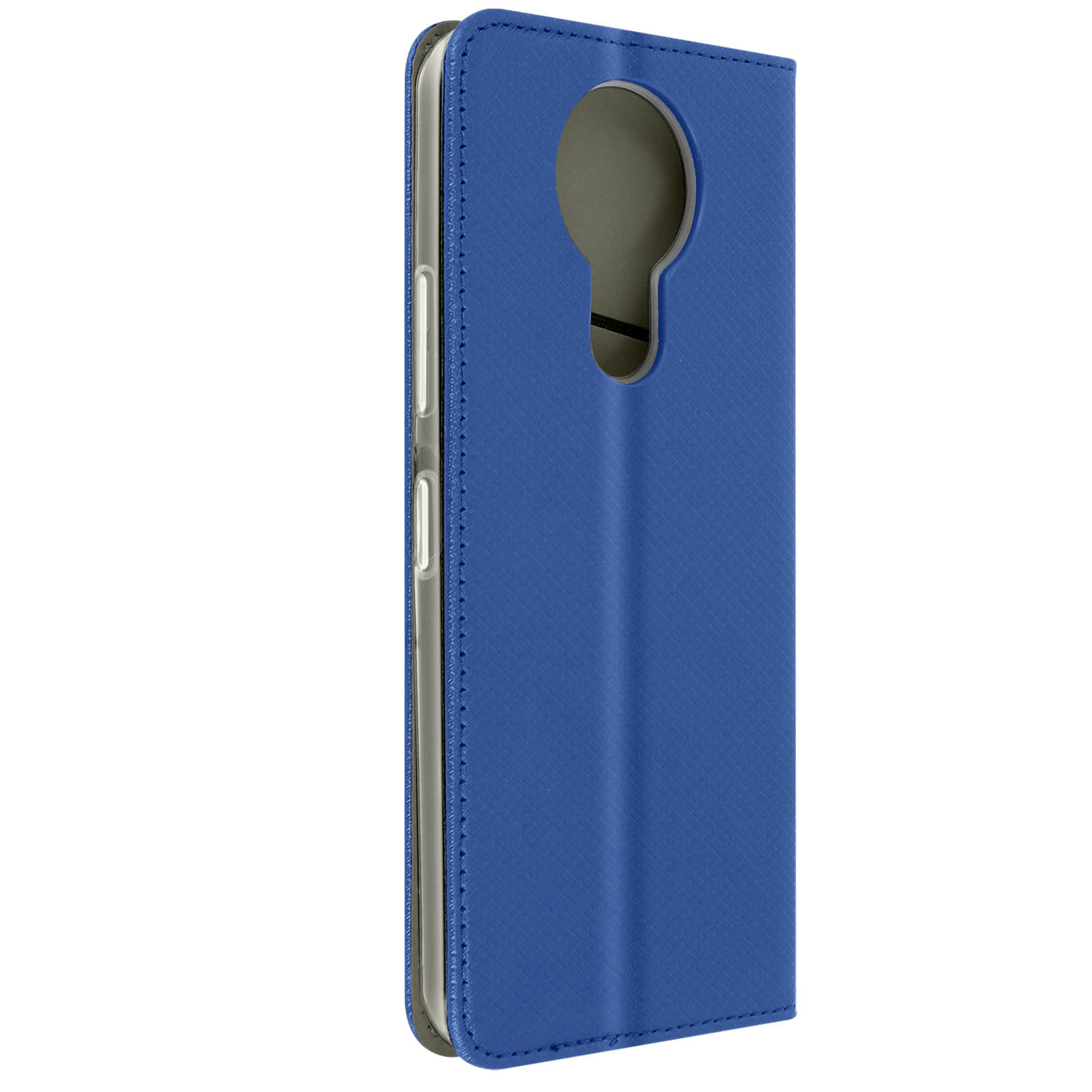 Custodia blu, l'apertura del telefono è visibile. La custodia è chiusa.