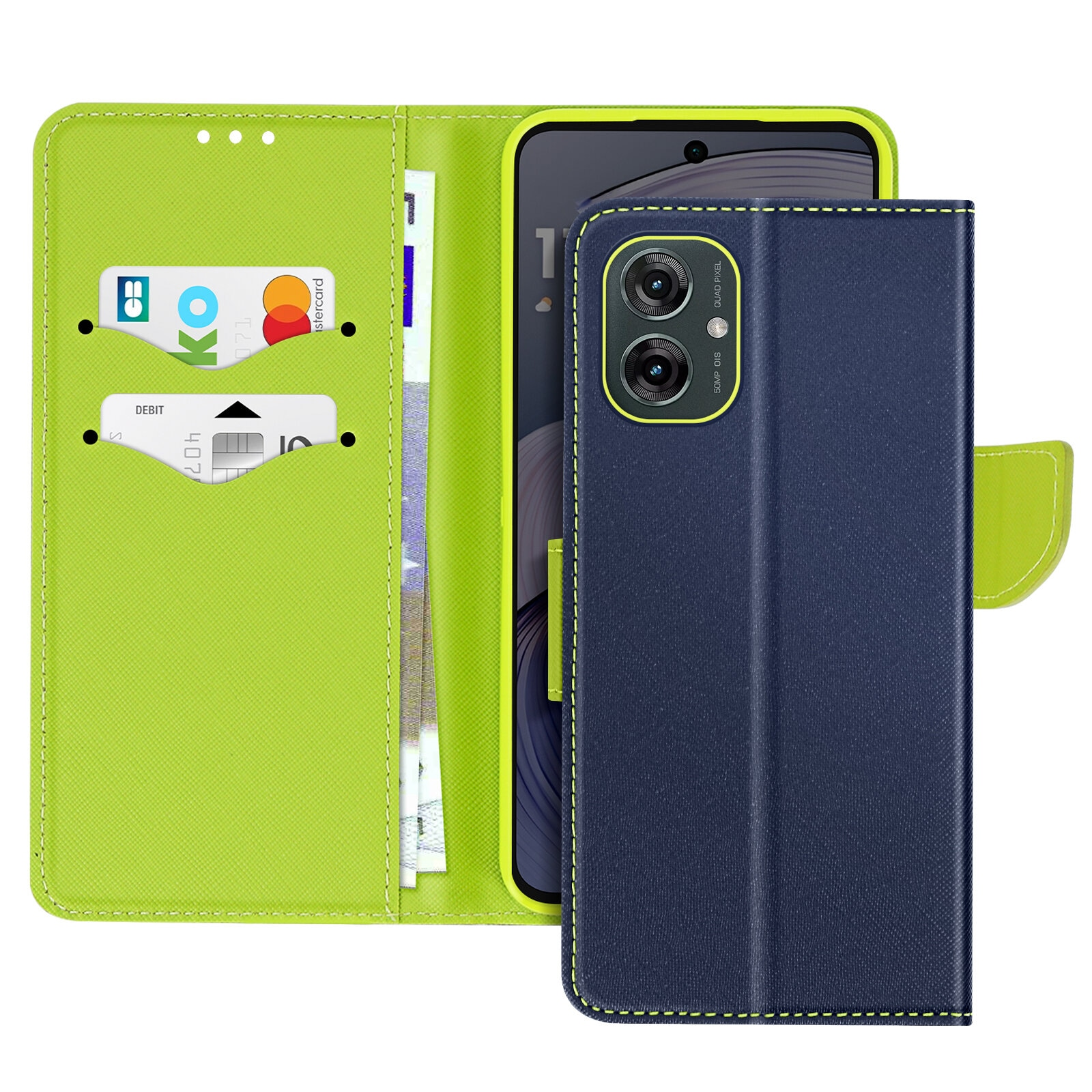 Una custodia blu per telefono con interno verde che contiene carte. Il telefono mostra una doppia fotocamera.