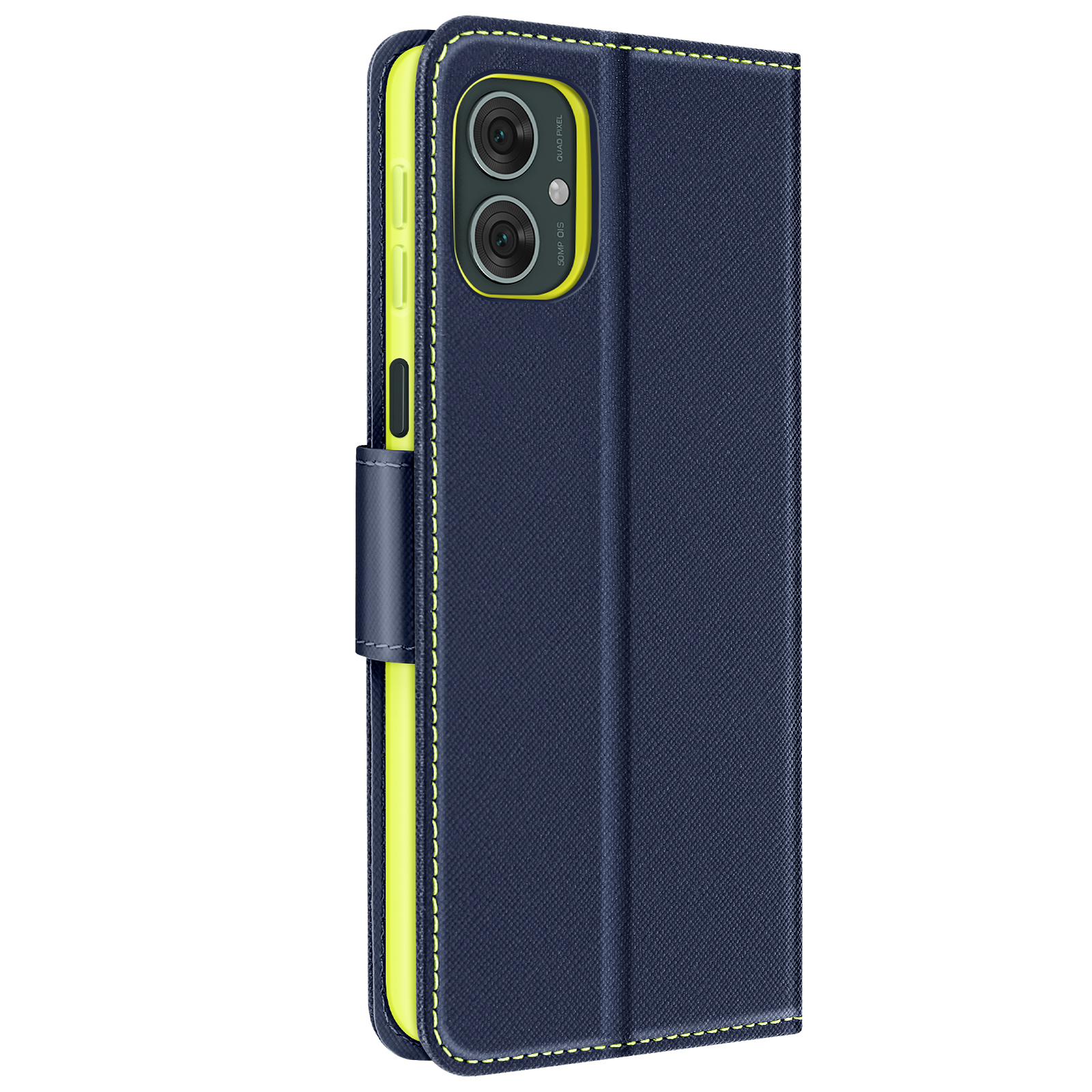 Custodia per telefono blu con interno giallo, che mostra un telefono con doppia fotocamera. Custodia chiusa.
