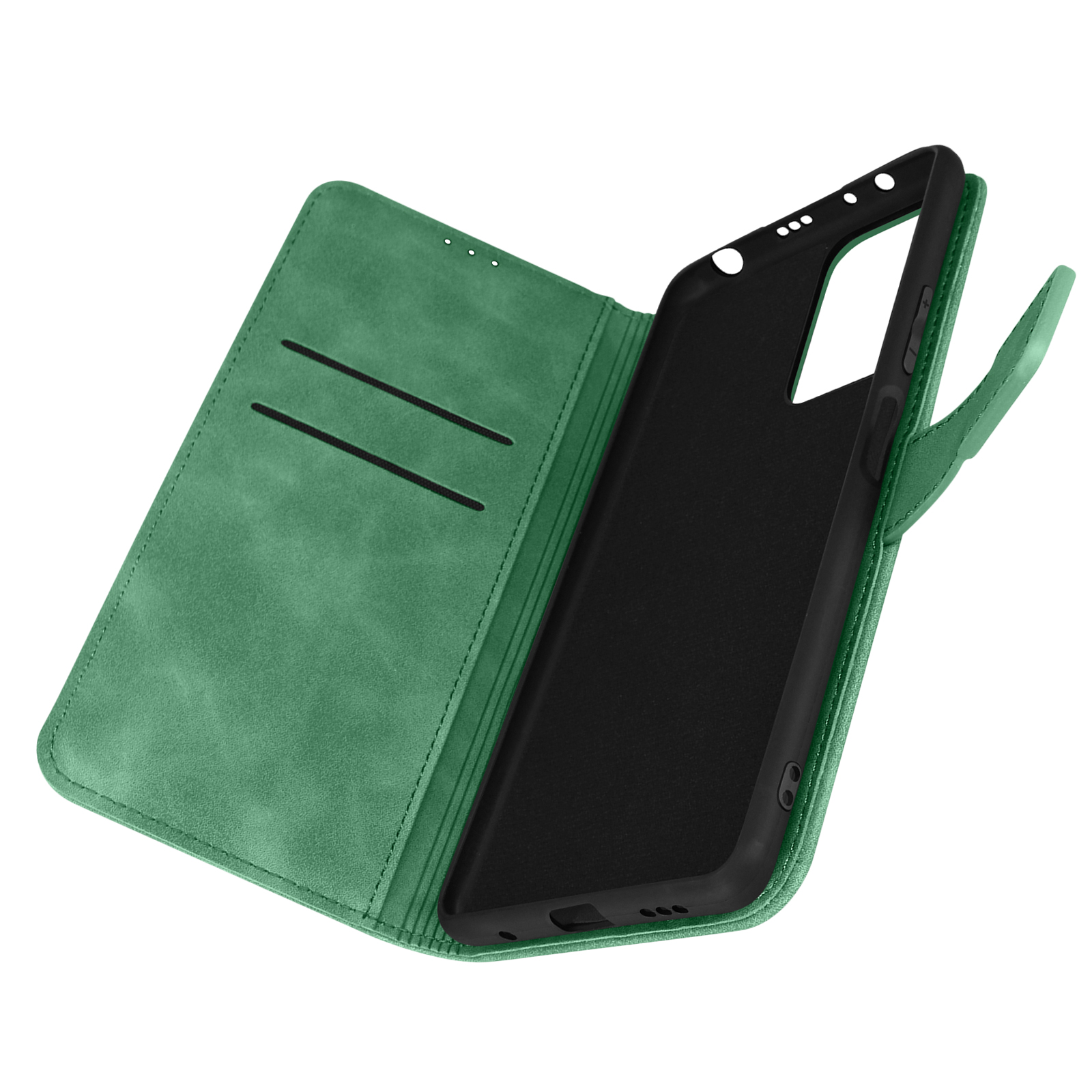 Custodia verde per telefono, aperta. Custodia nera all'interno. La custodia ha fessure per carte ed è aperta.