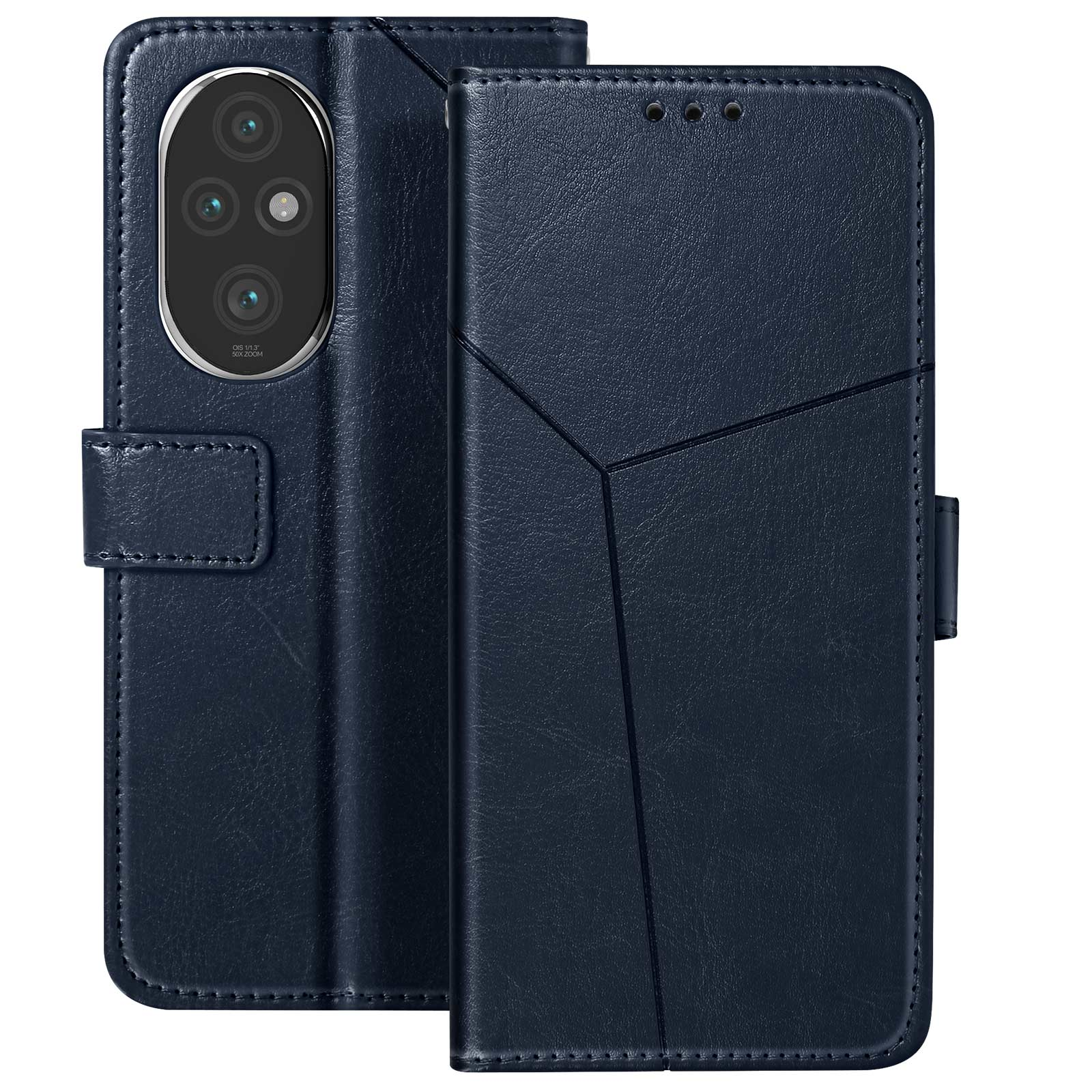 Custodia per telefono blu scuro, aperta, che mostra telefono e fotocamera.