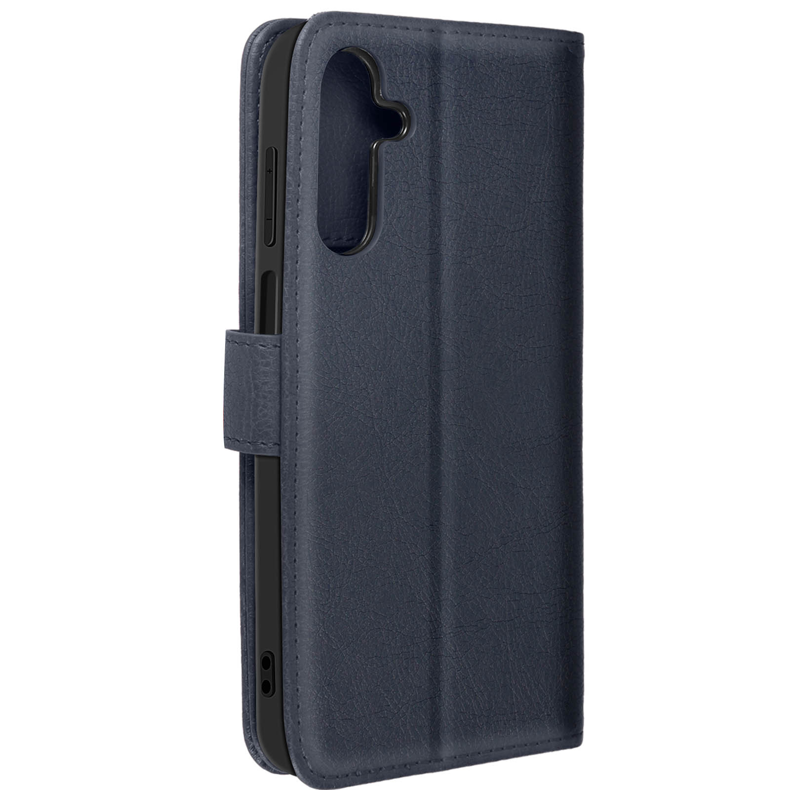 Una custodia blu navy, con vista laterale. La custodia ha una copertura e i pulsanti laterali sono visibili.