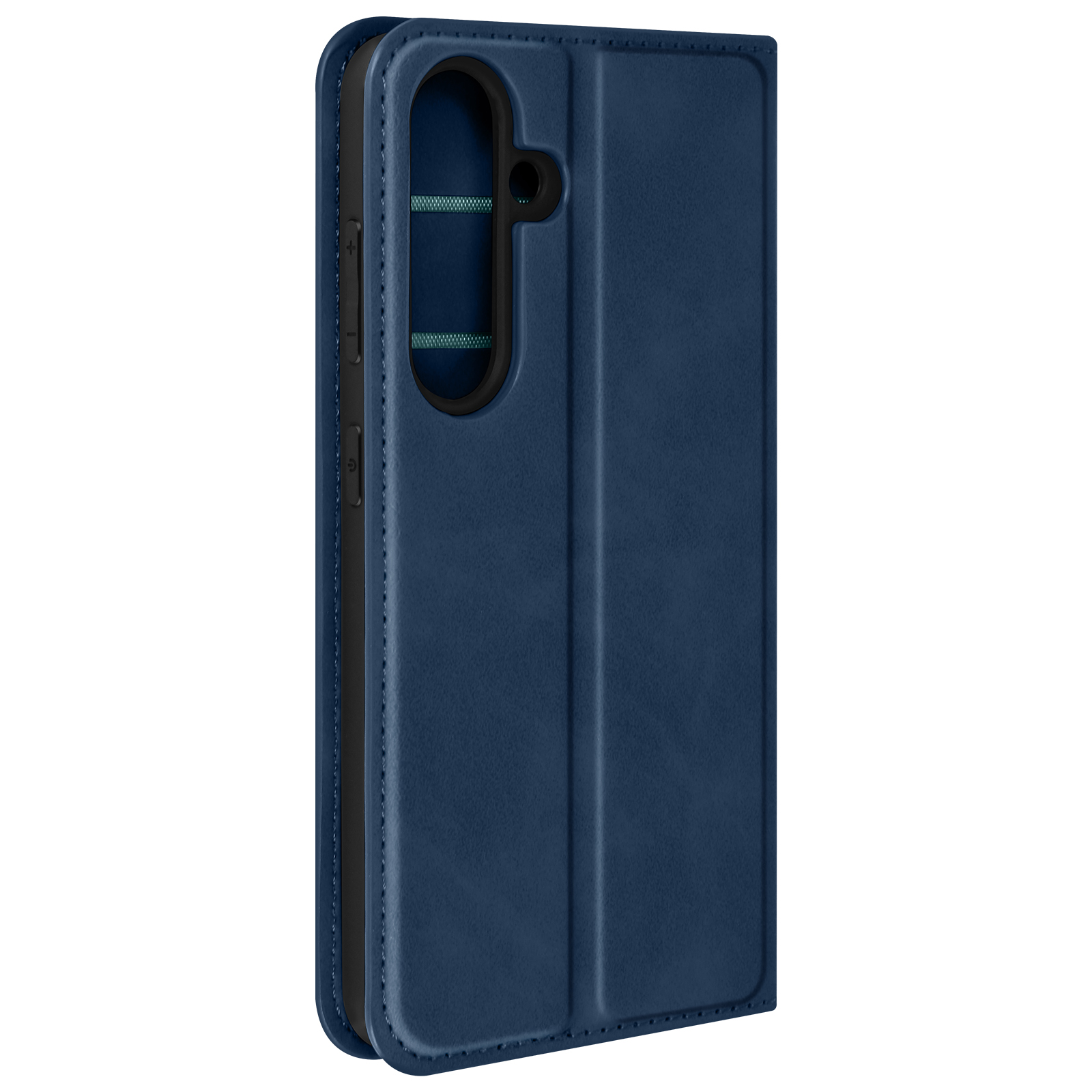 Una custodia blu navy chiusa. Mostra il lato del telefono, con i pulsanti visibili.