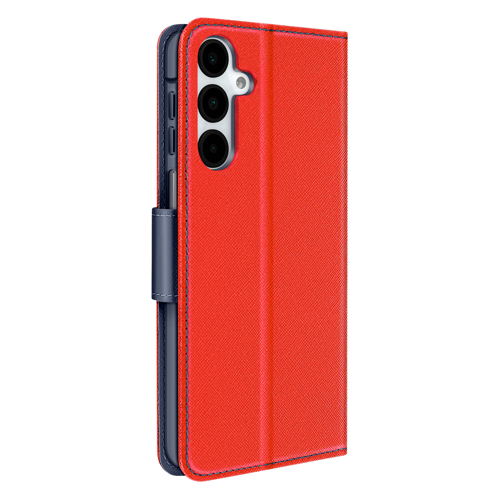 Custodia rossa con interno blu scuro e chiusura blu. Ha tre fotocamere.