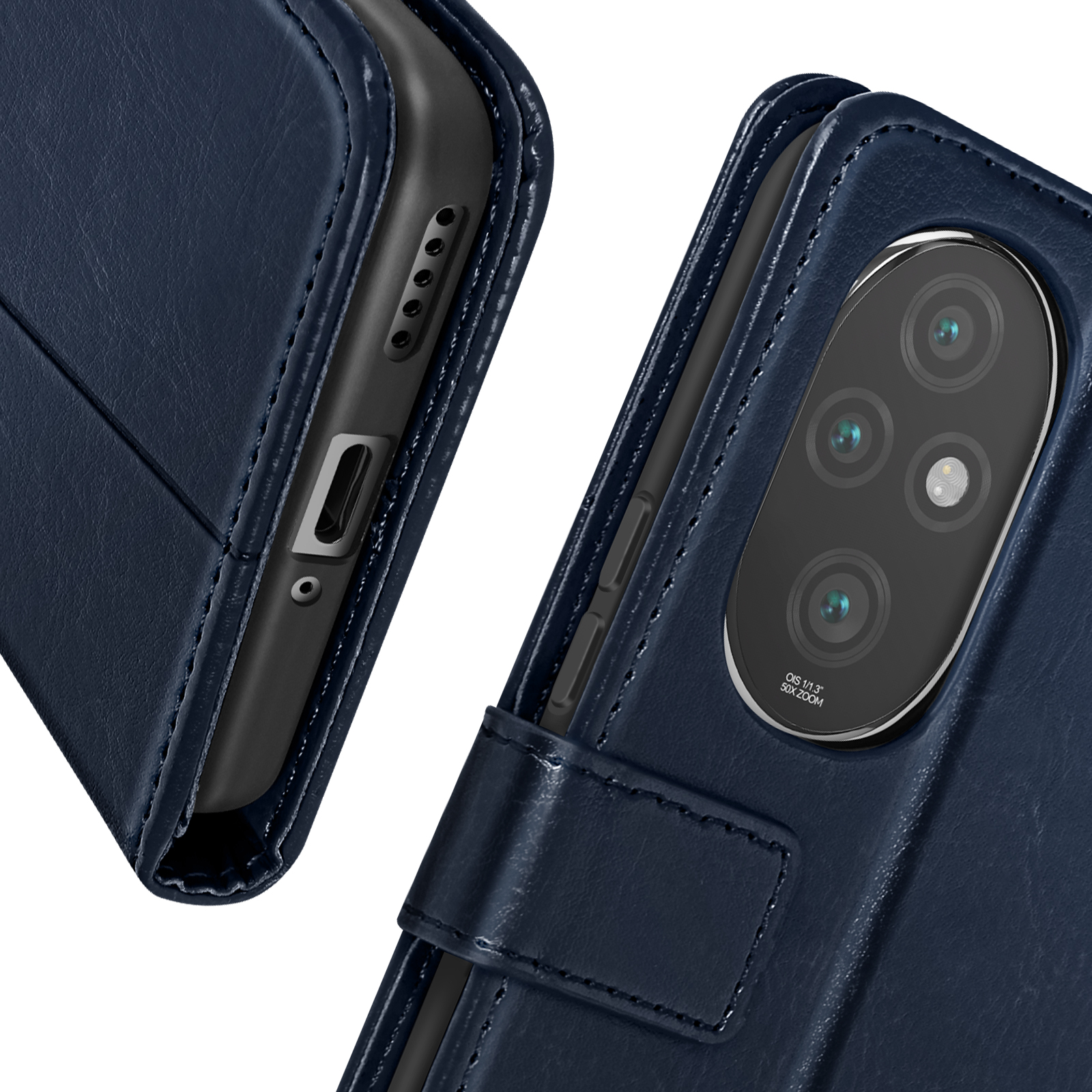Primo piano di una custodia blu scuro con telefono, che mostra i dettagli della fotocamera.