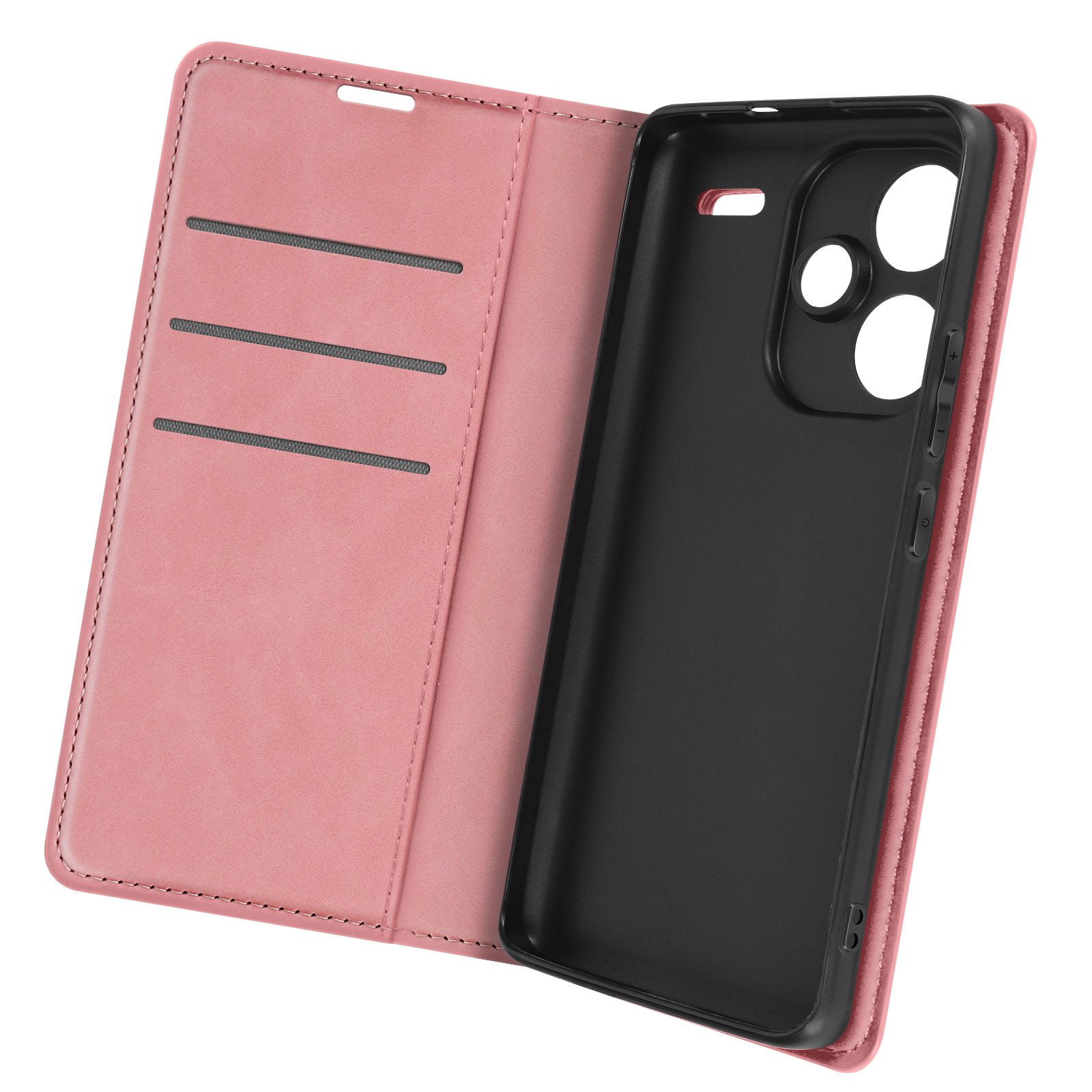 Custodia rosa per telefono aperta, che rivela un interno nero. Sono visibili tre fessure per carte.