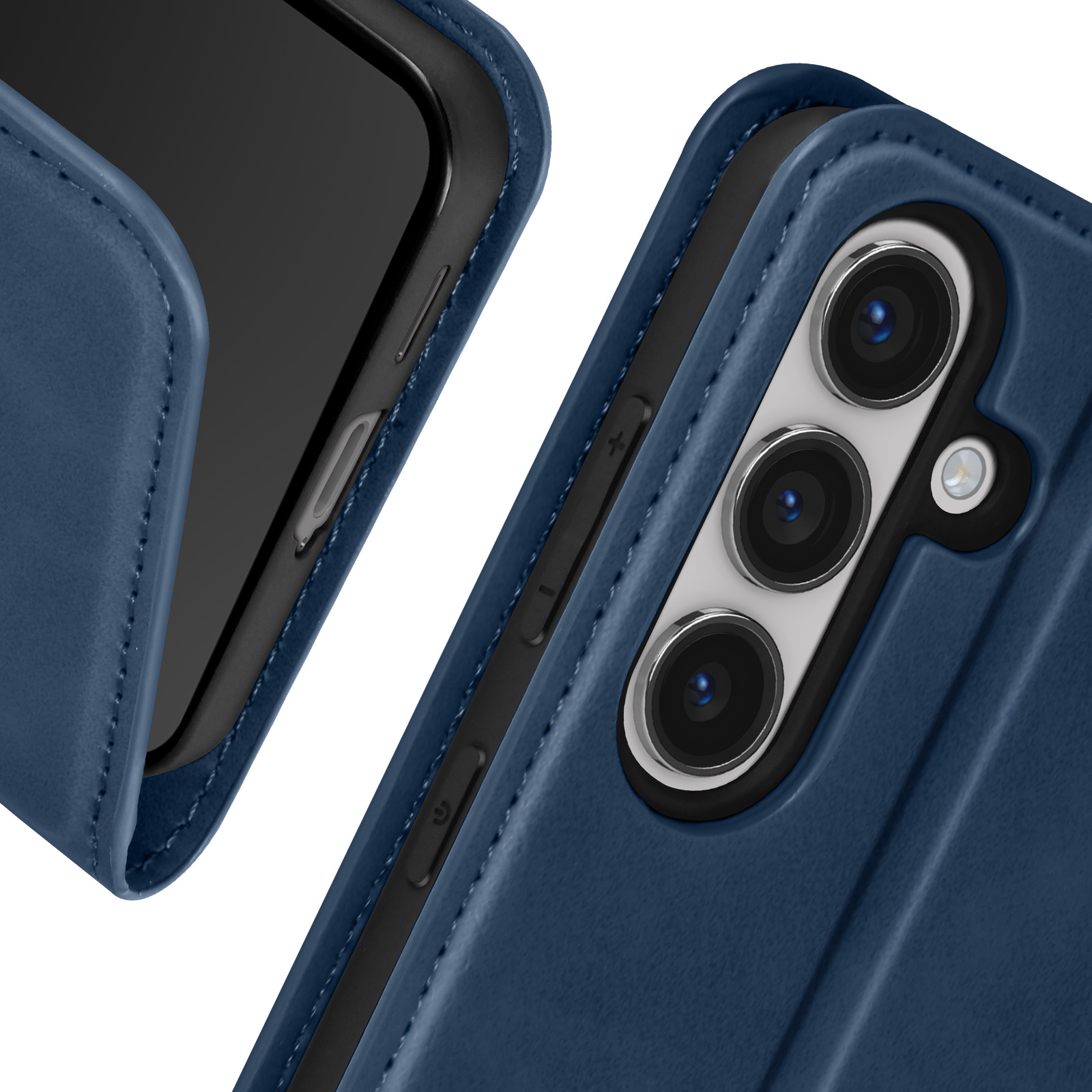 Custodia blu, con un telefono dentro.