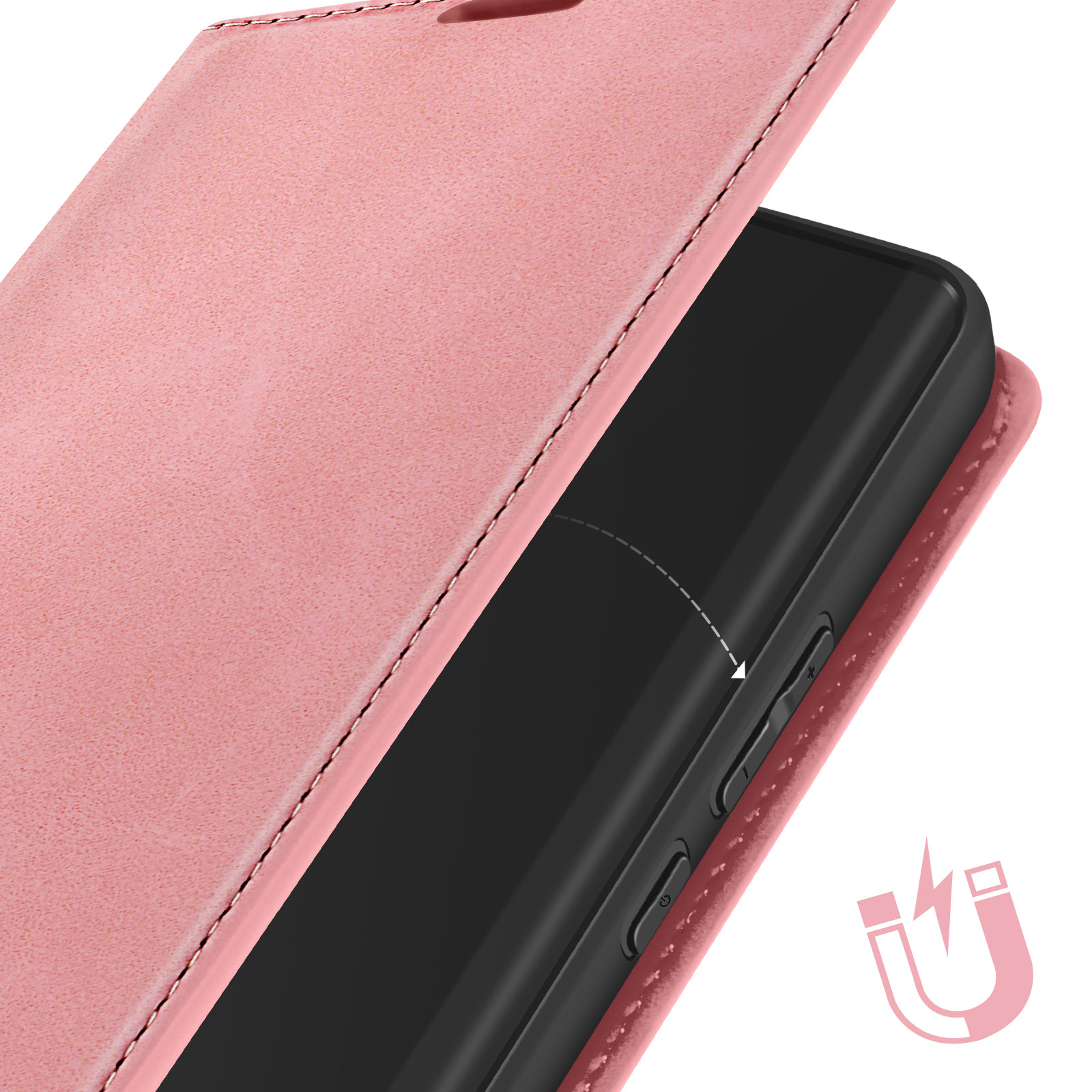 Custodia per telefono rosa, che mostra l'interno e un meccanismo di chiusura magnetica.