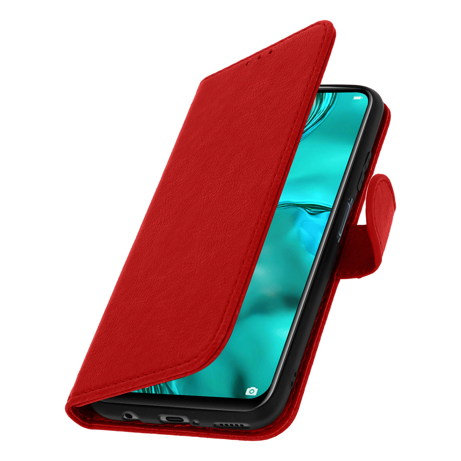 Custodia per telefono in pelle rossa con patta aperta che rivela lo schermo.