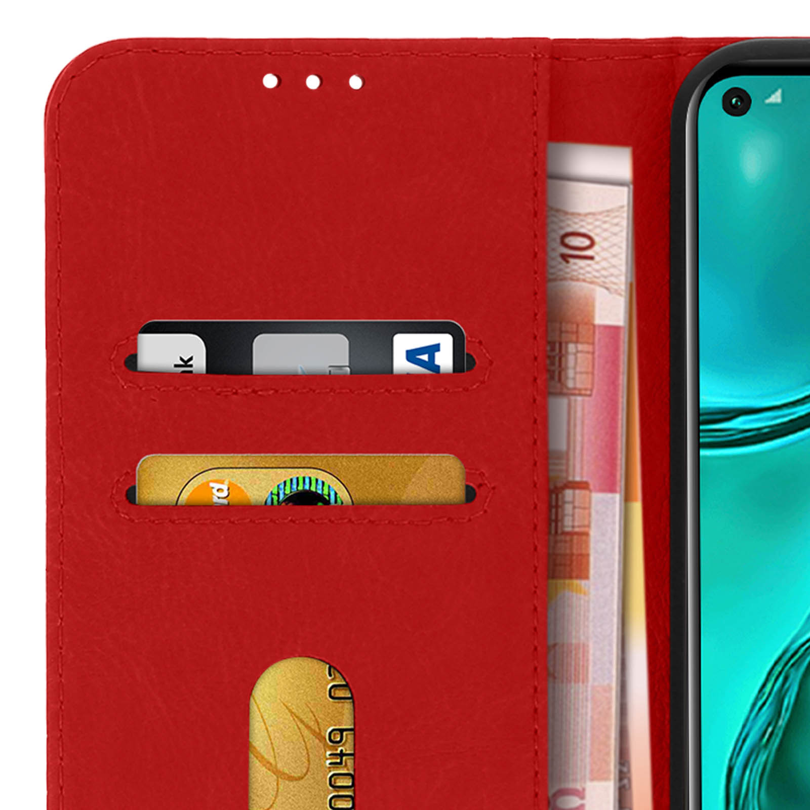 Custodia rossa per telefono con denaro e carte all'interno. Carta di credito e banconote visibili.