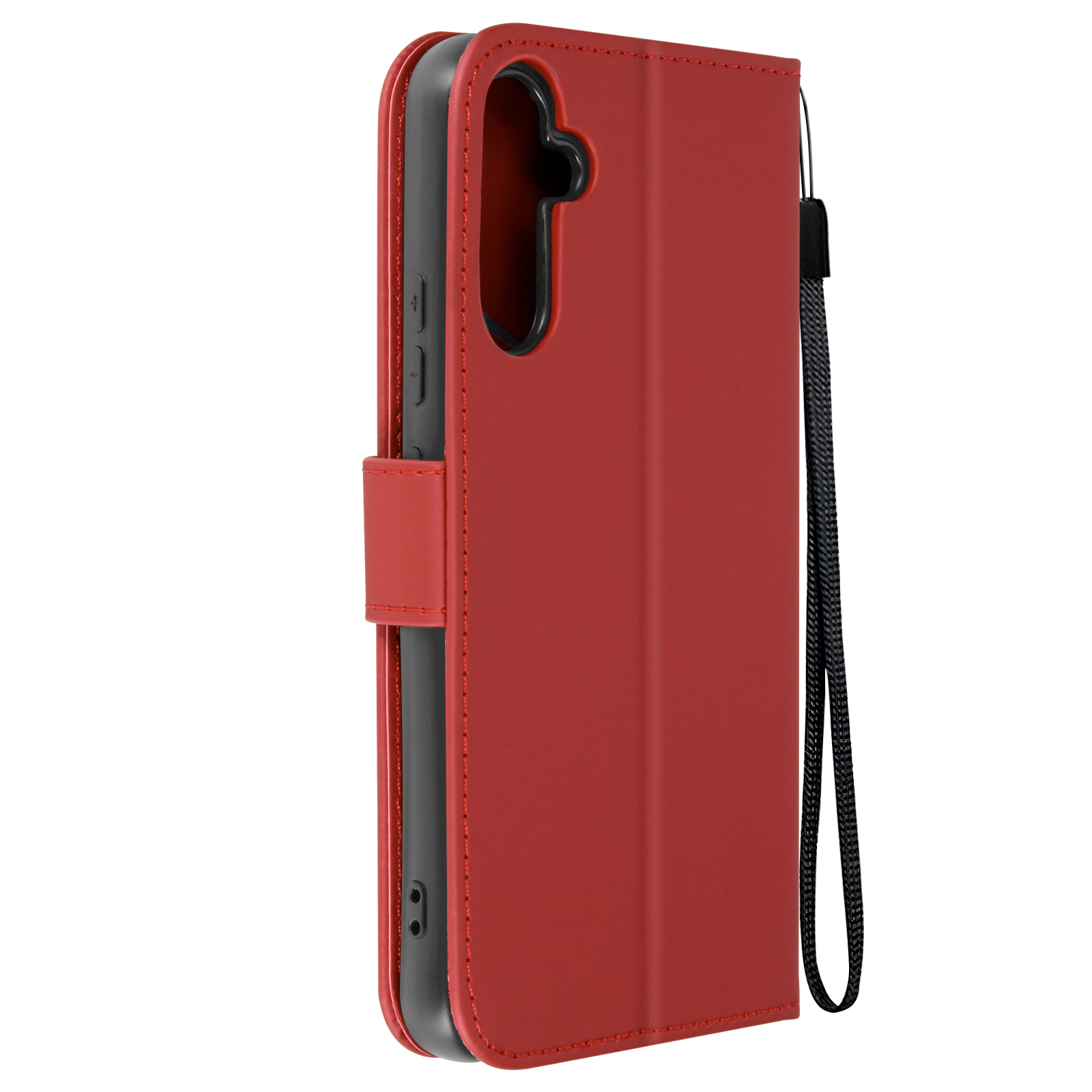 Custodia per telefono rossa con cinturino nero. Presenta un ritaglio per telefono e un cinturino nero.