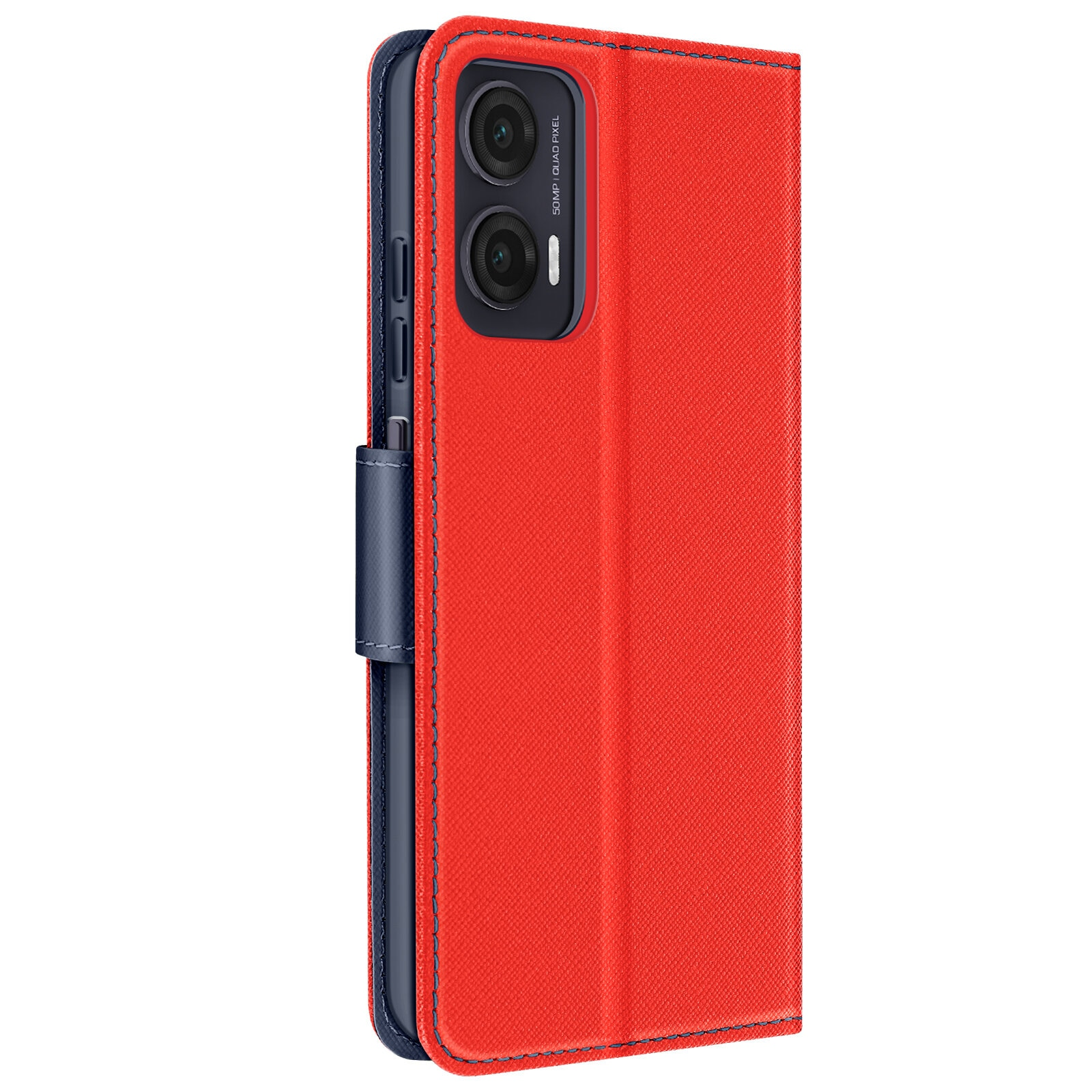 Una custodia rossa per telefono con un telefono all'interno. La parte posteriore del telefono ha una configurazione a quattro fotocamere.