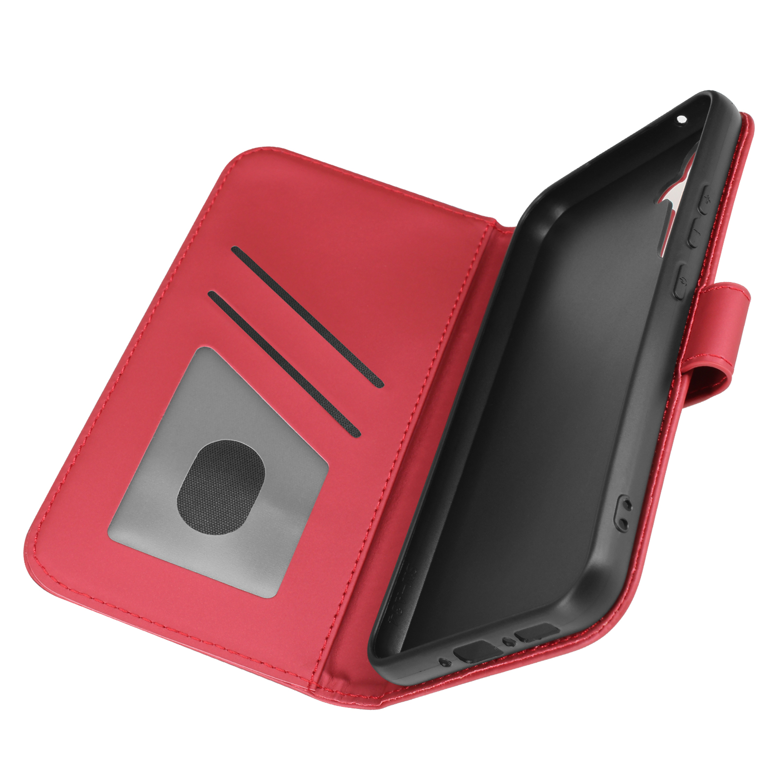 Custodia per telefono rossa, aperta. Il telefono non è visibile. La custodia ha uno slot per schede.
