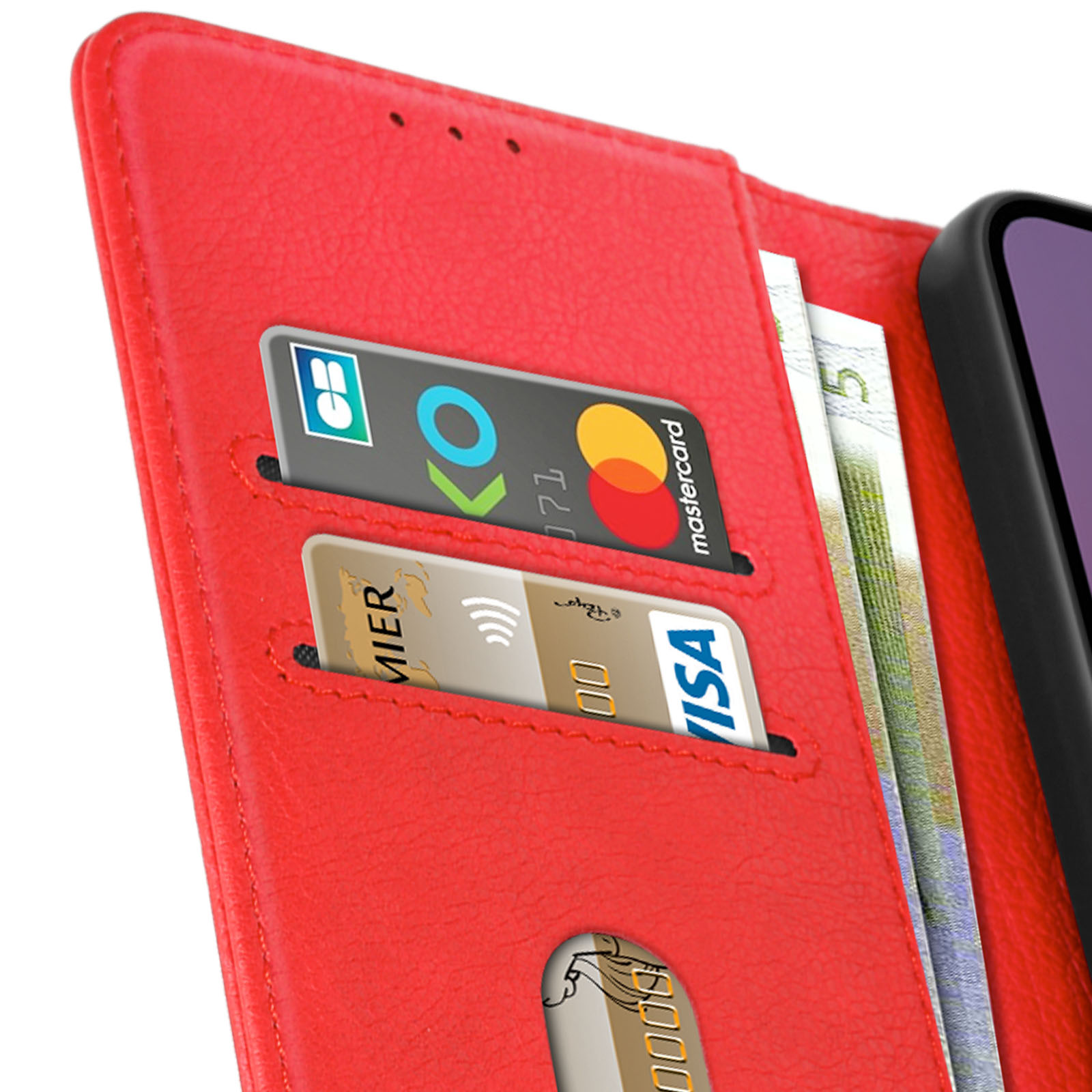 Custodia rossa per telefono con scomparti per carte e carte Mastercard, Visa e KO.