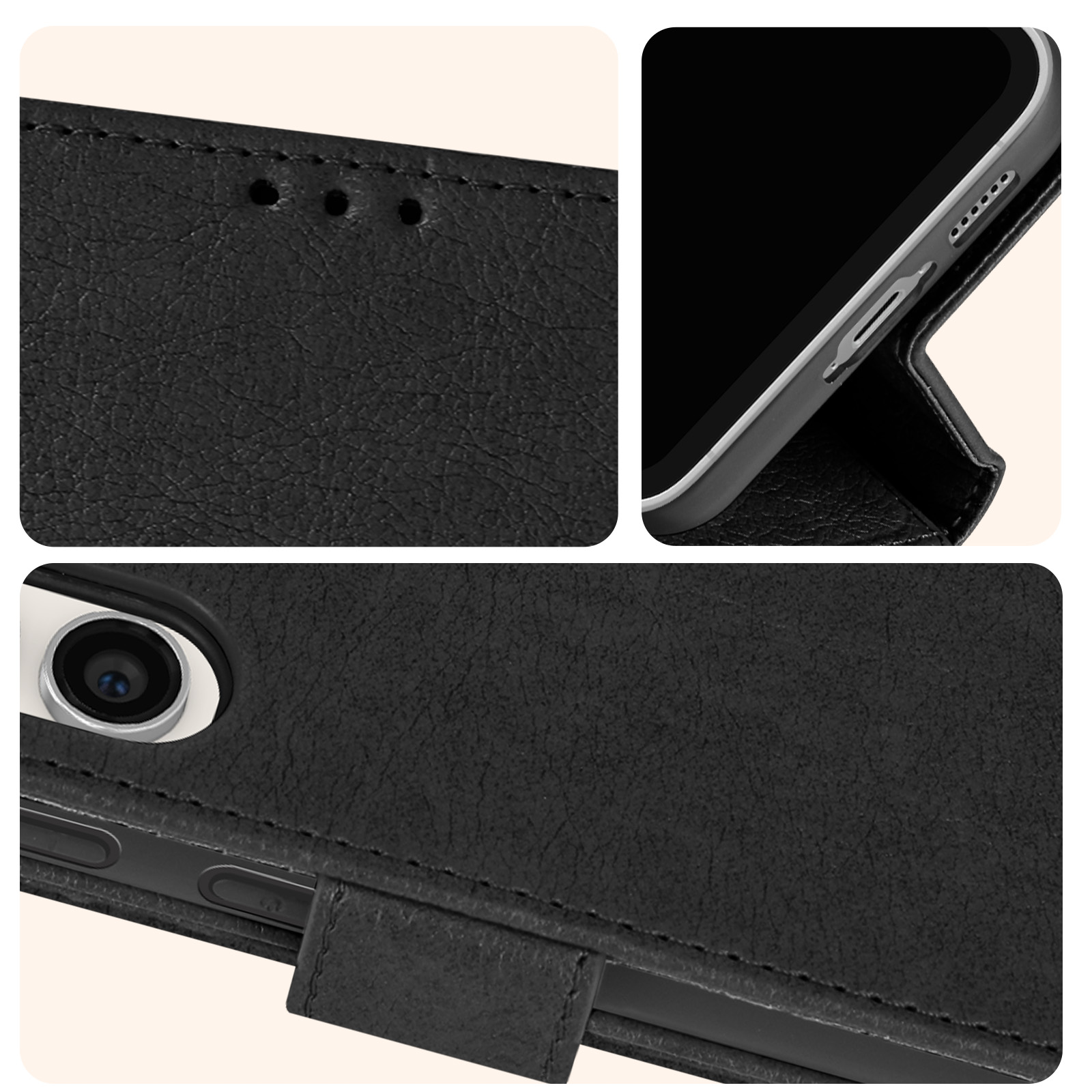 Primi piani di una custodia per telefono in pelle nera, che mostra cuciture, fotocamera e apertura per le porte.