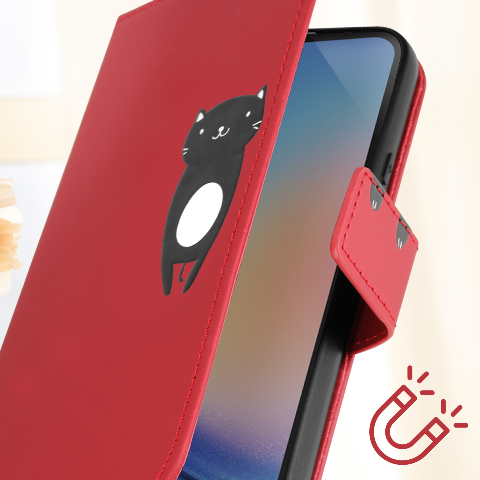 Custodia per telefono rossa con un gatto nero, aperta con telefono all'interno e chiusura magnetica.