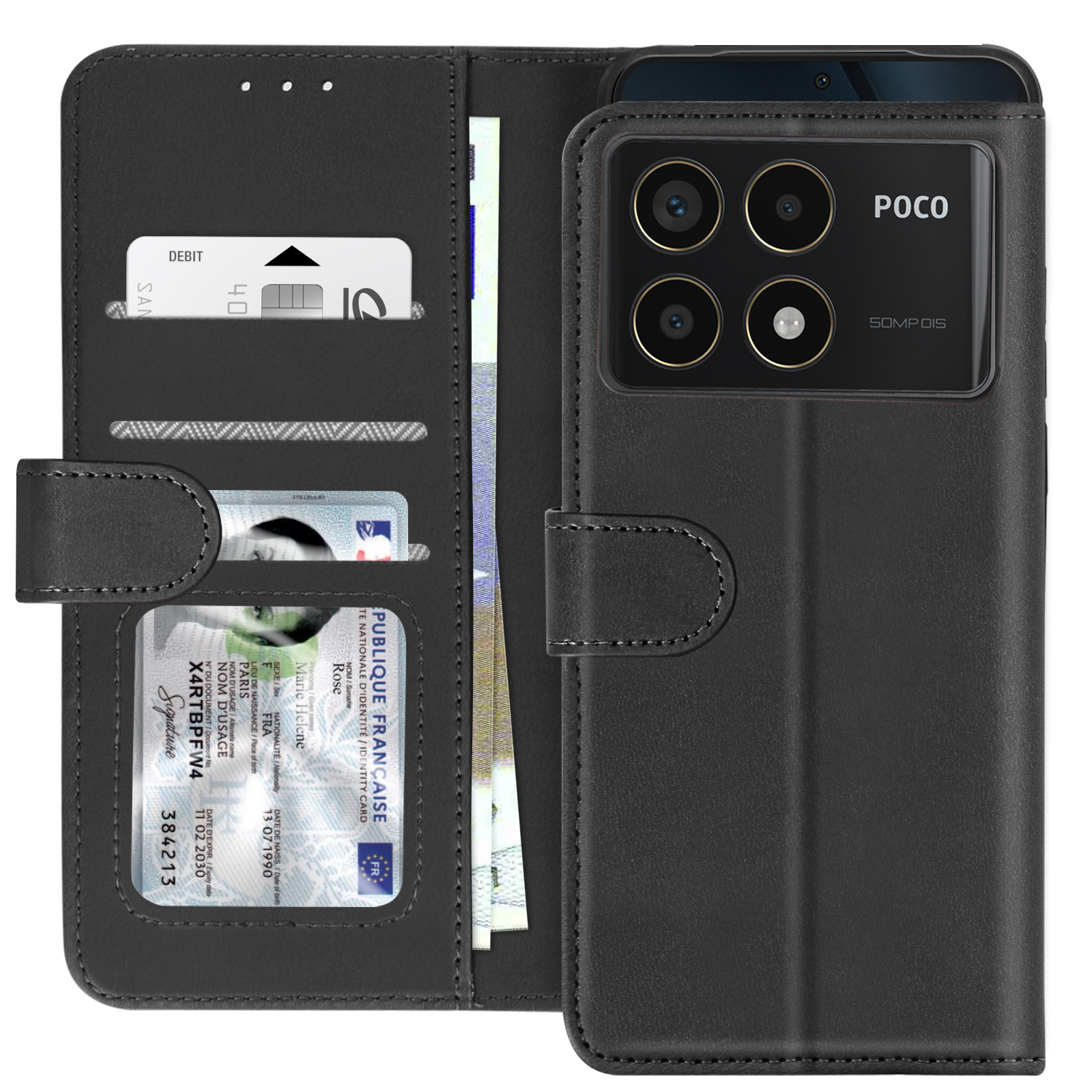 Geöffnete schwarze Handyhülle mit Telefon, Karten und Geld. Die Hülle ist aus schwarzem Leder.