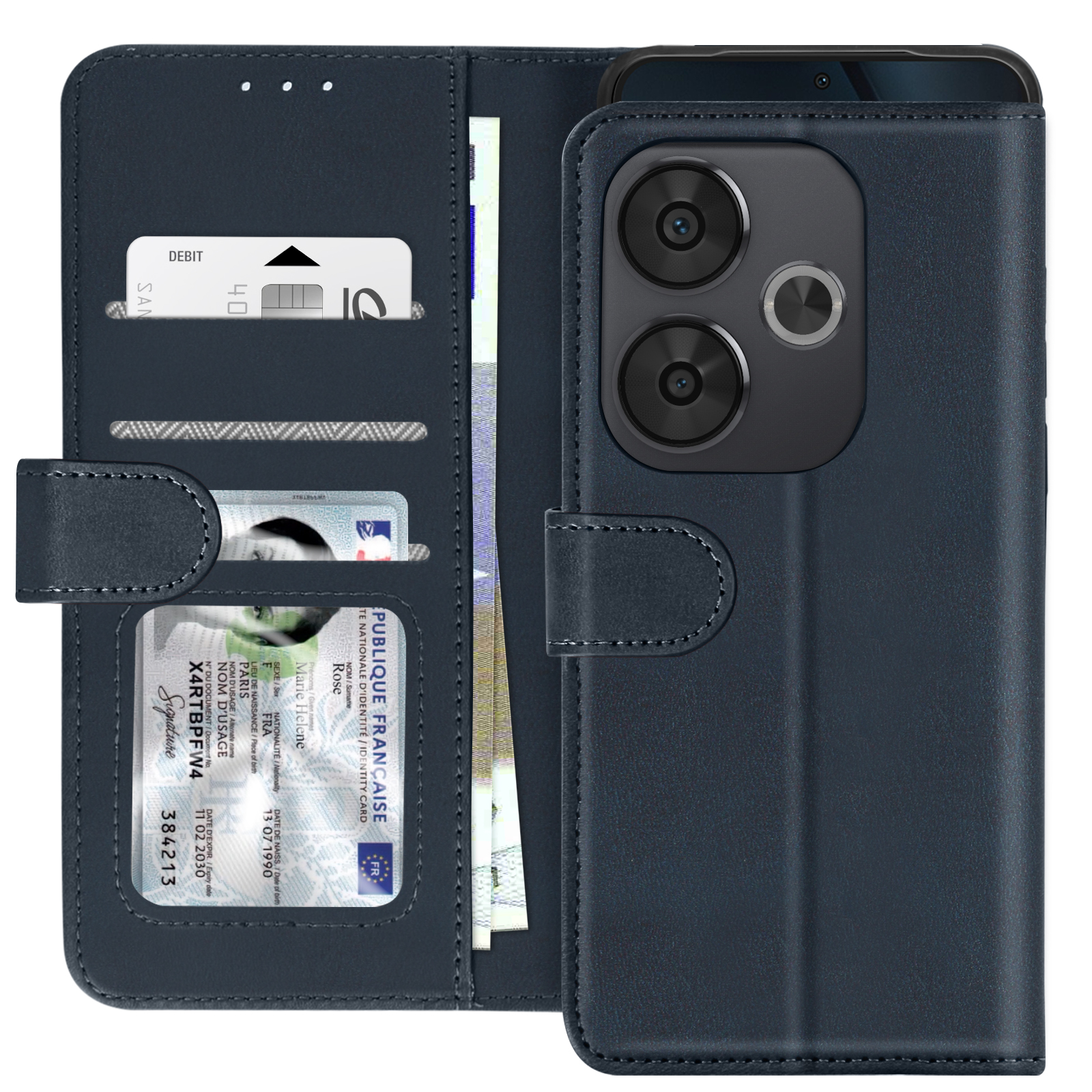Custodia per telefono con telefono, carta di debito e documento d'identità, con interno blu.