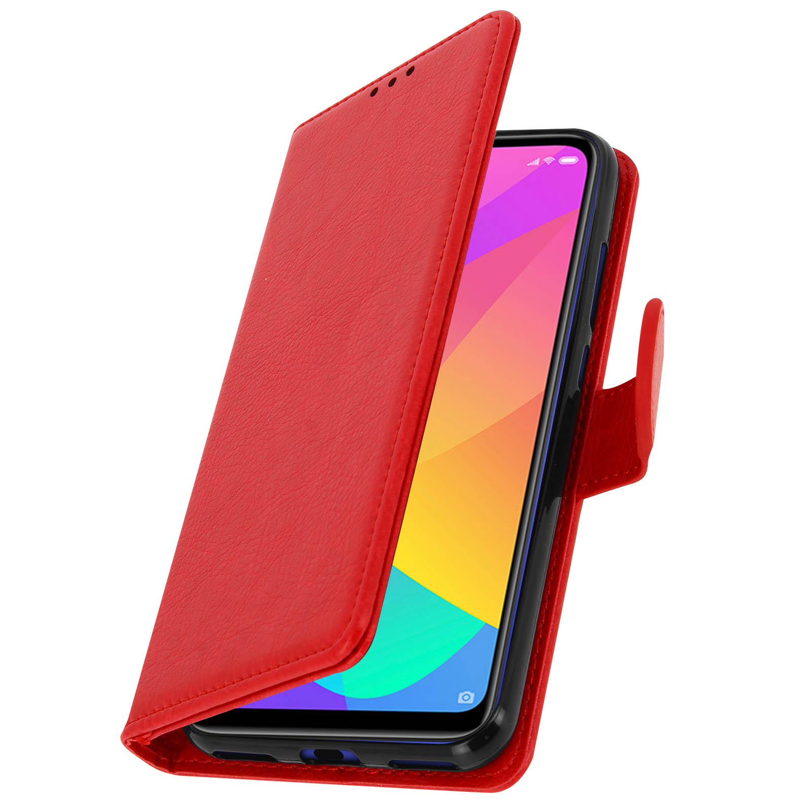 Custodia rossa aperta, che tiene un telefono con schermo colorato. La custodia è aperta.