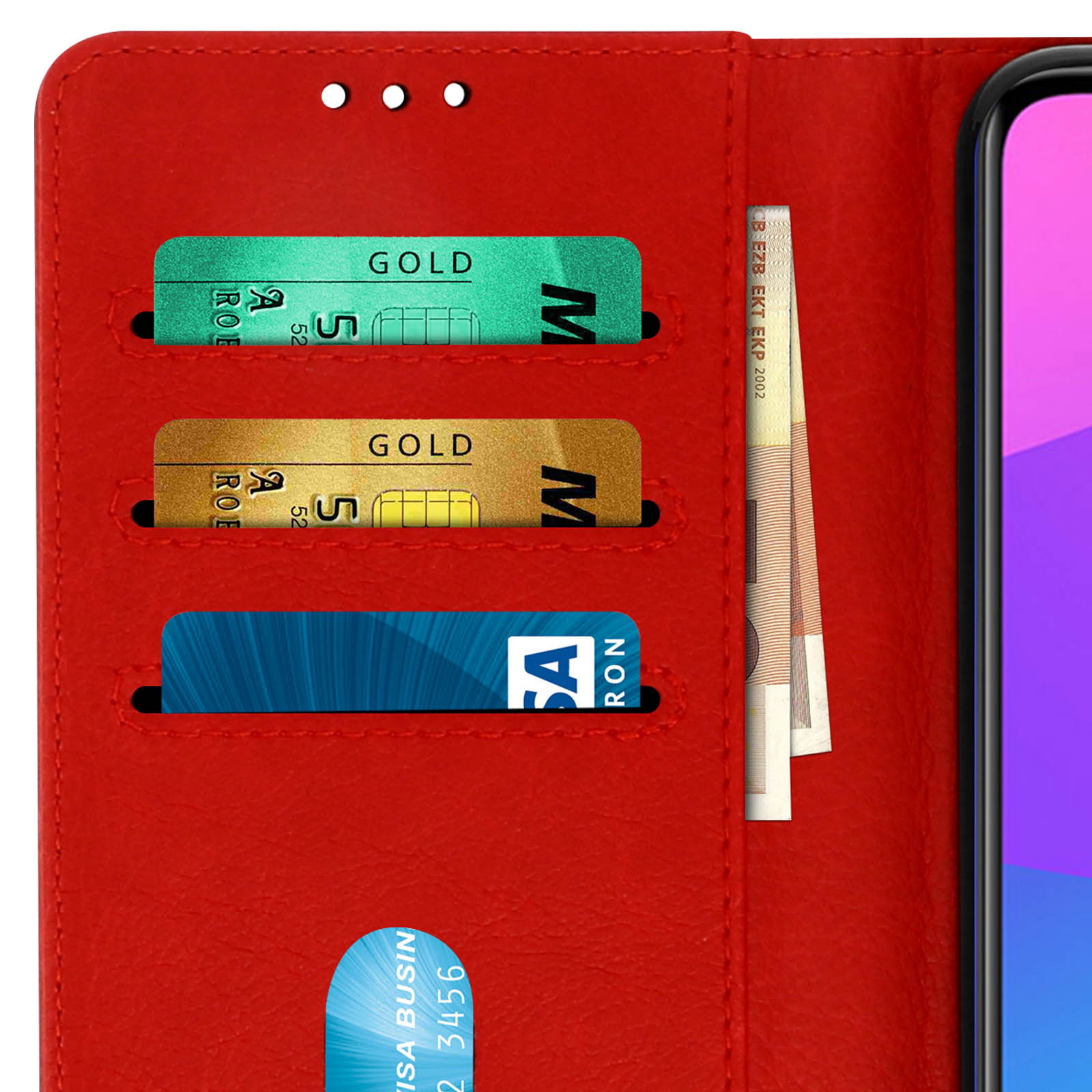 Custodia per telefono rossa, aperta, che mostra carte di credito e contanti. Tre slot per carte e uno per banconote.