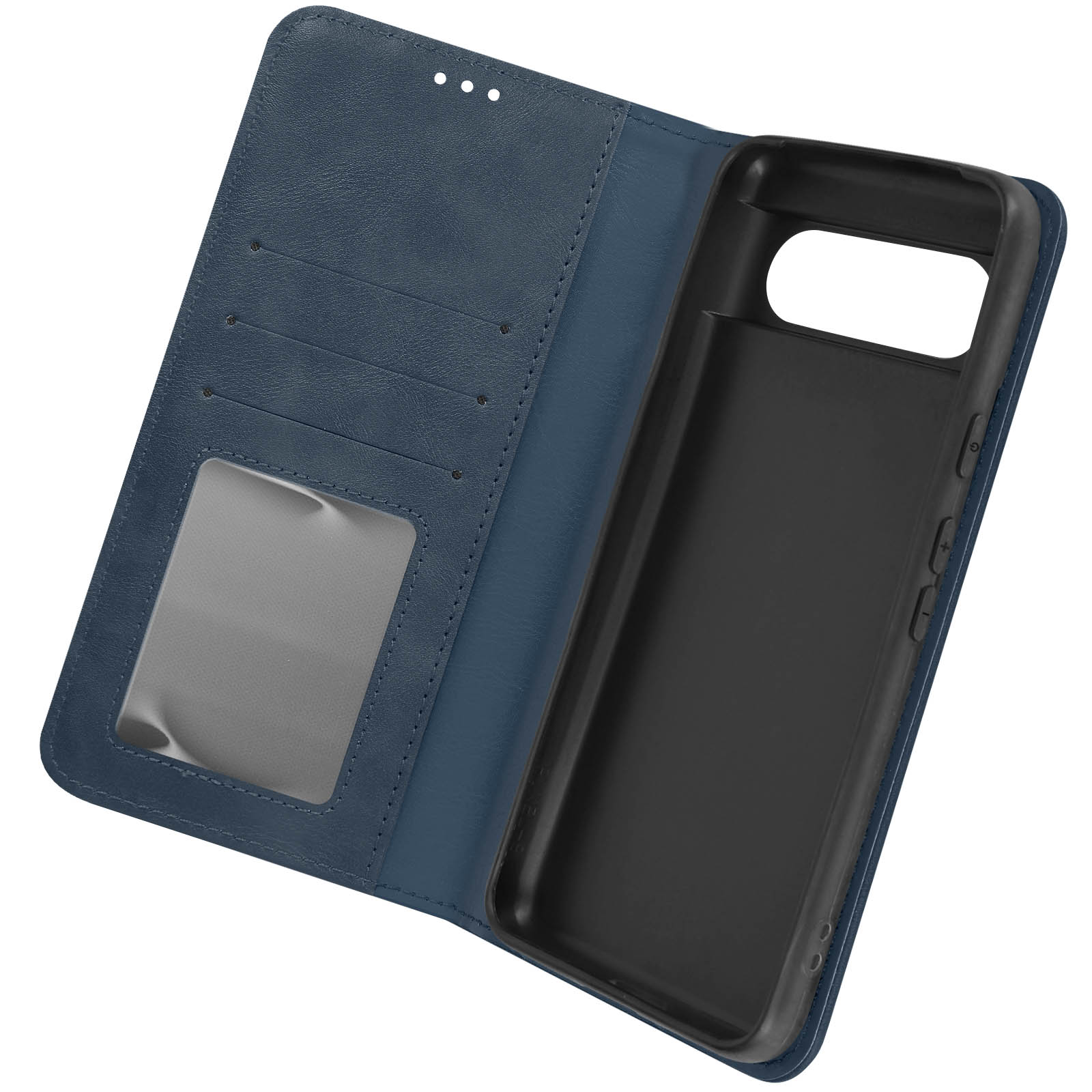 Custodia blu per telefono con slot per schede. Un telefono nero è nella custodia. La custodia è aperta.