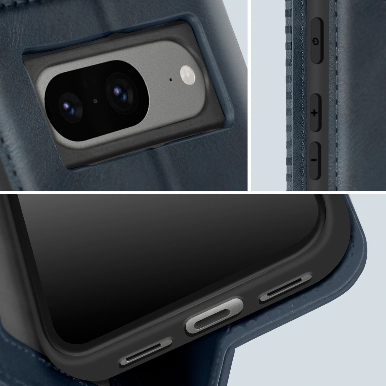 Primo piano di un telefono con fotocamera e pulsanti su una custodia blu scuro.