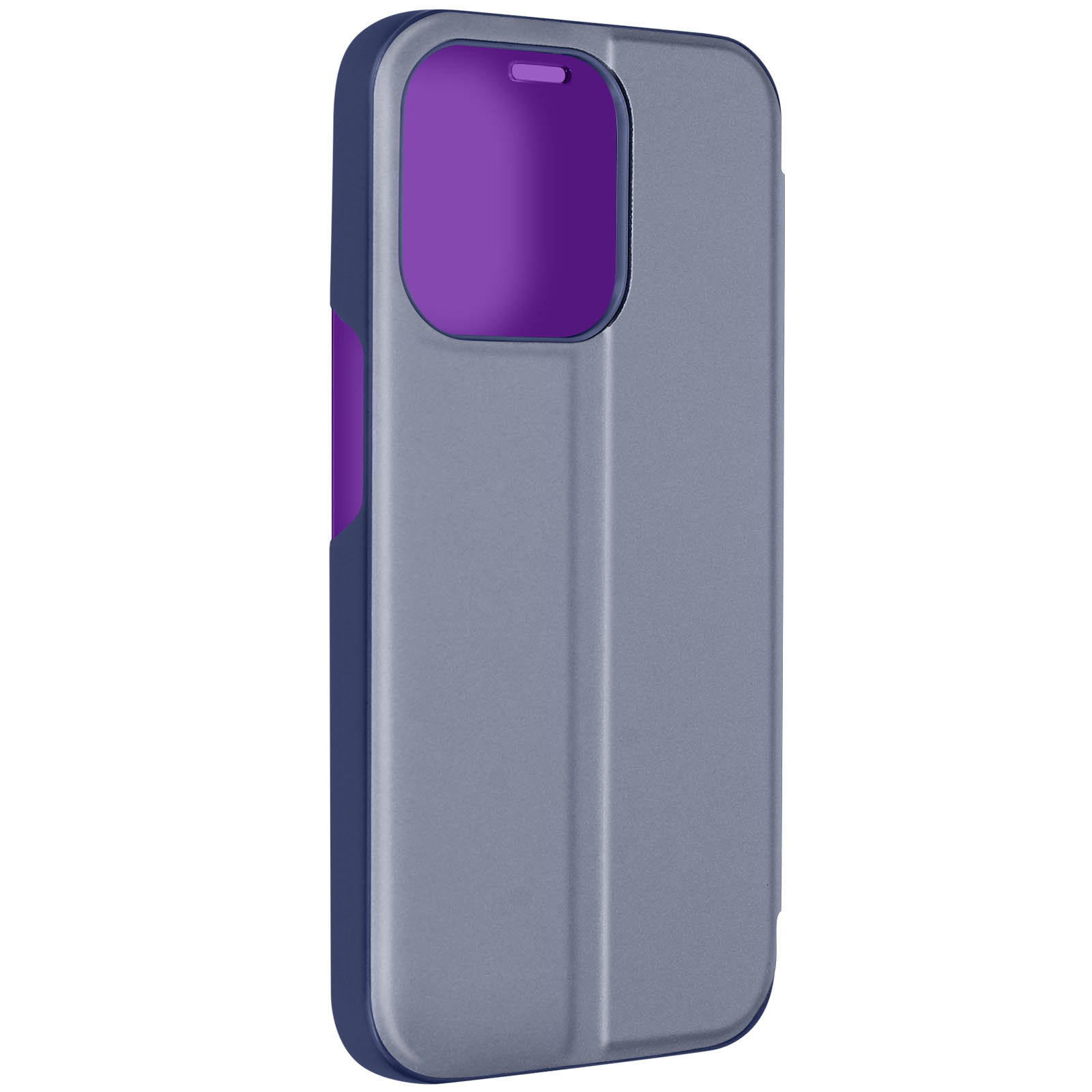 Una custodia per telefono con esterno grigio, interno viola e bordi blu.