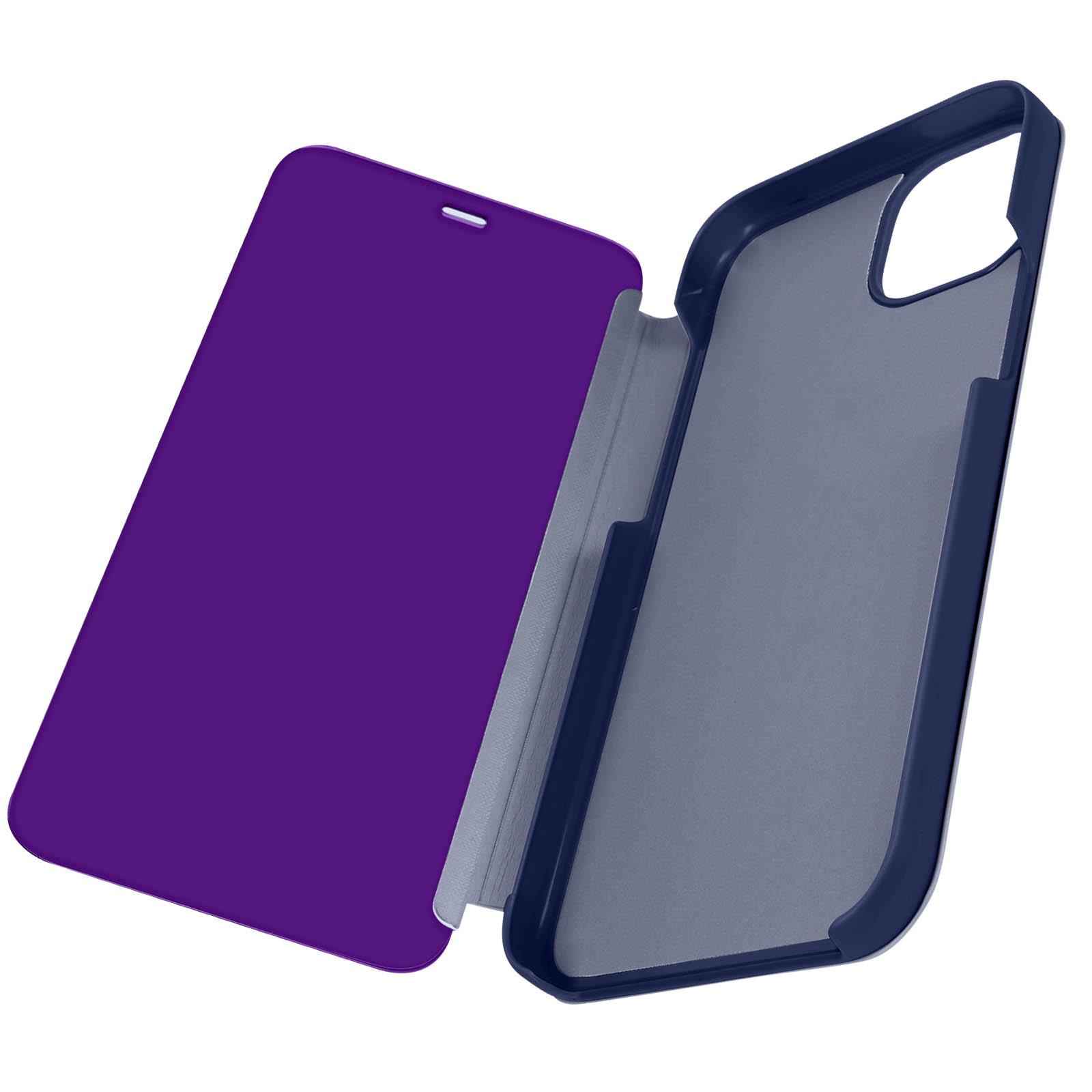Custodia viola per telefono, aperta, che rivela un interno grigio e un telaio blu scuro.