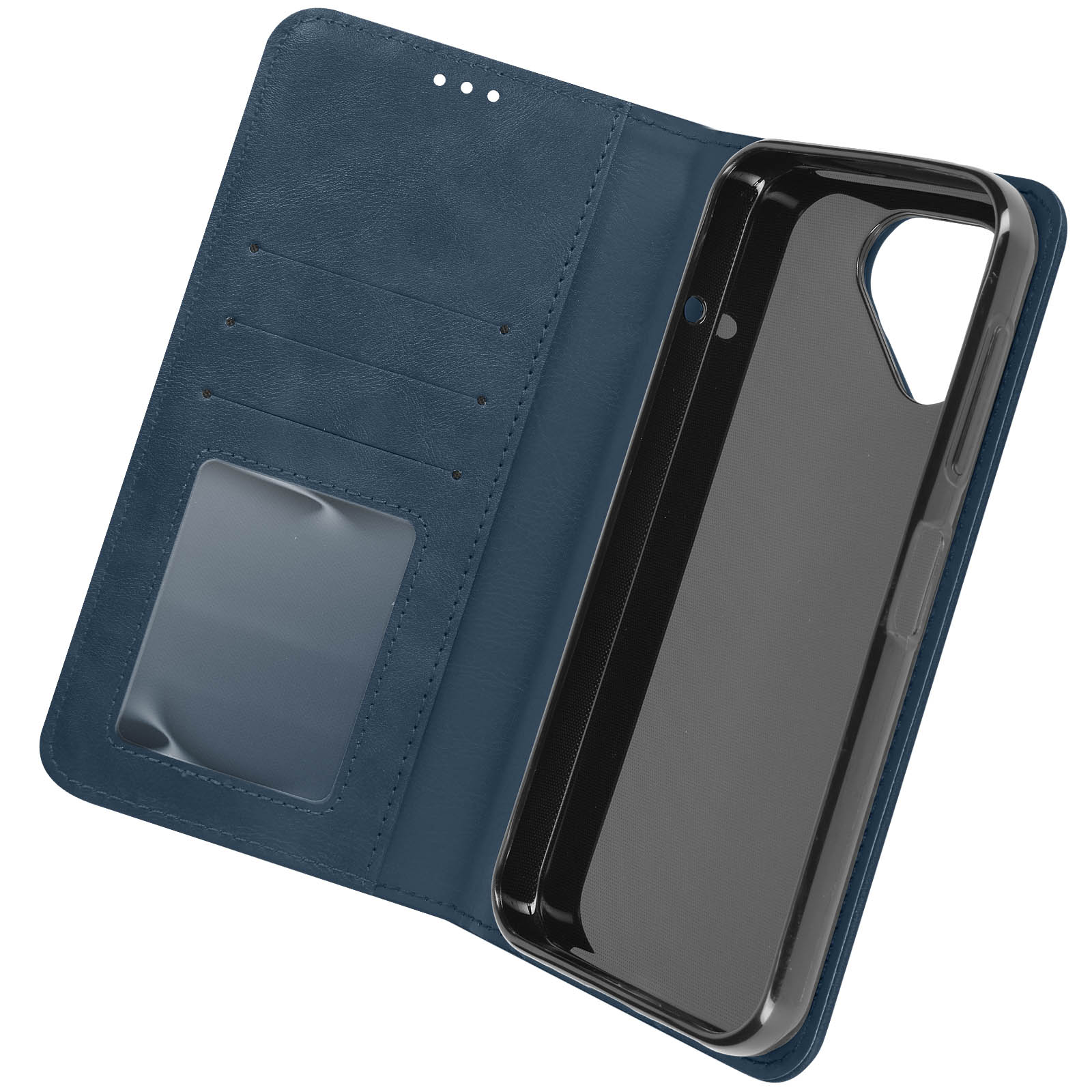 Custodia blu aperta con un telefono dentro.