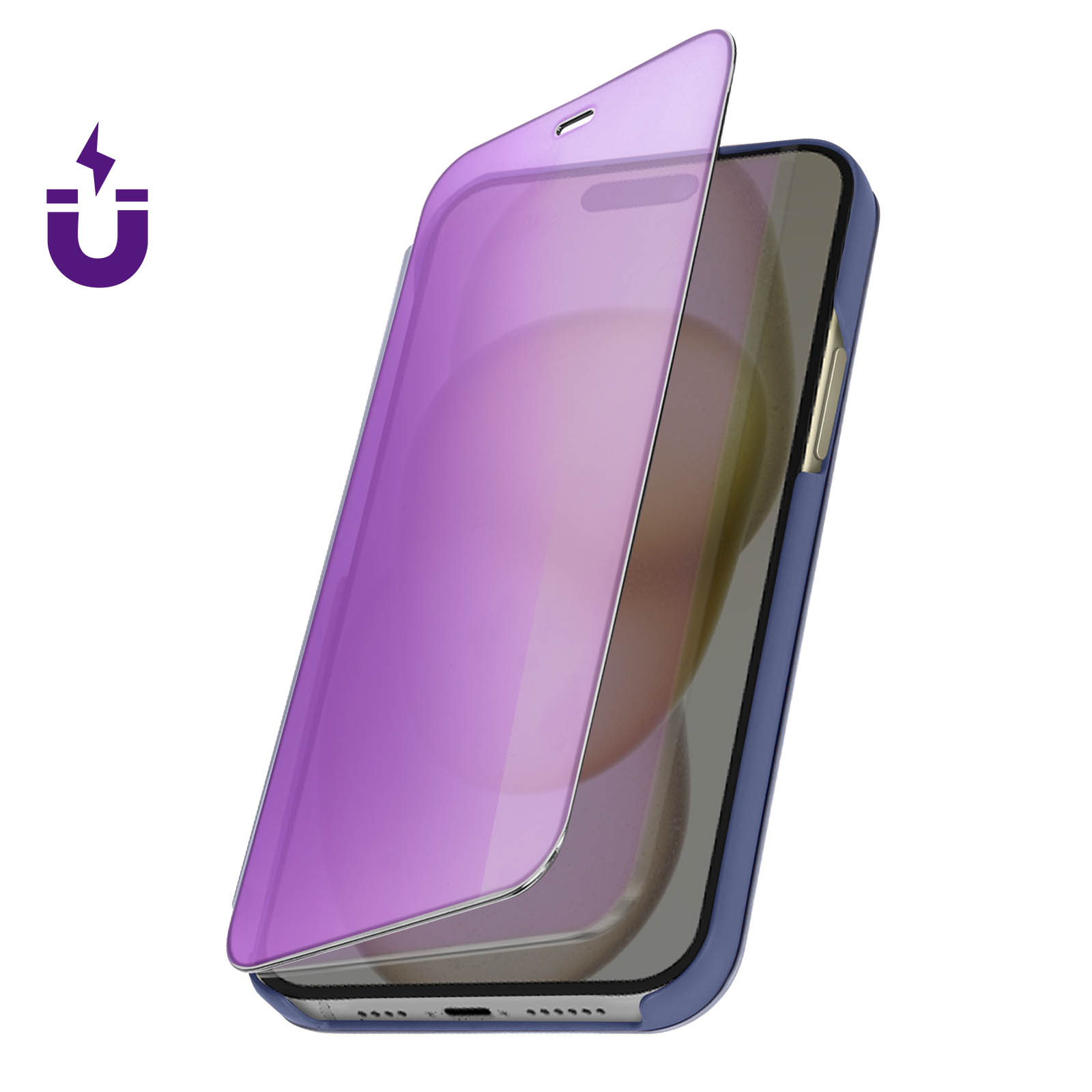 Custodia per telefono con copertura a specchio, che mostra lo schermo del telefono. La custodia è blu.