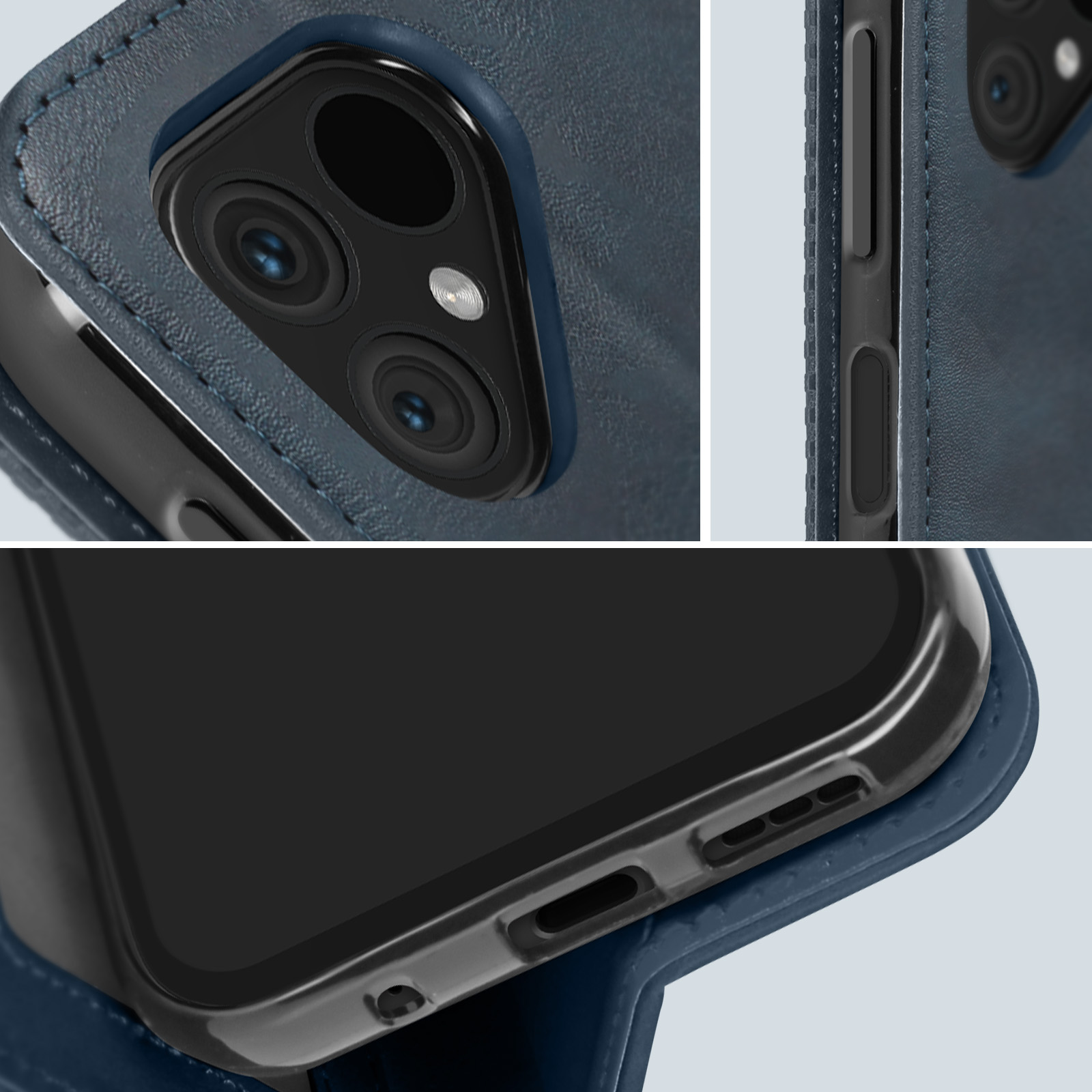 Primi piani di una custodia per telefono. Mostra pulsanti, fotocamera e parti inferiori della custodia.