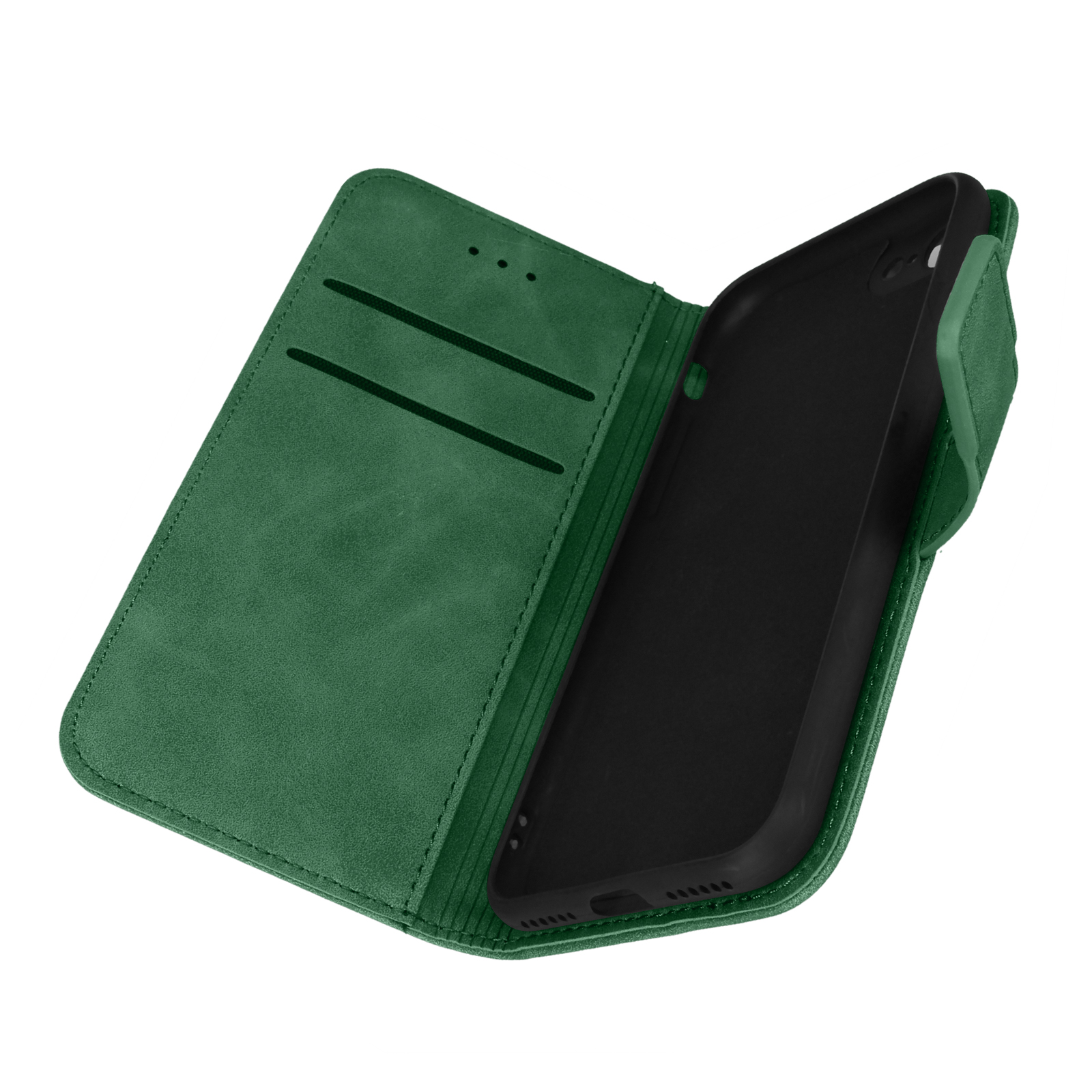 Custodia per telefono verde, aperta, che rivela un telefono all'interno. Due slot.